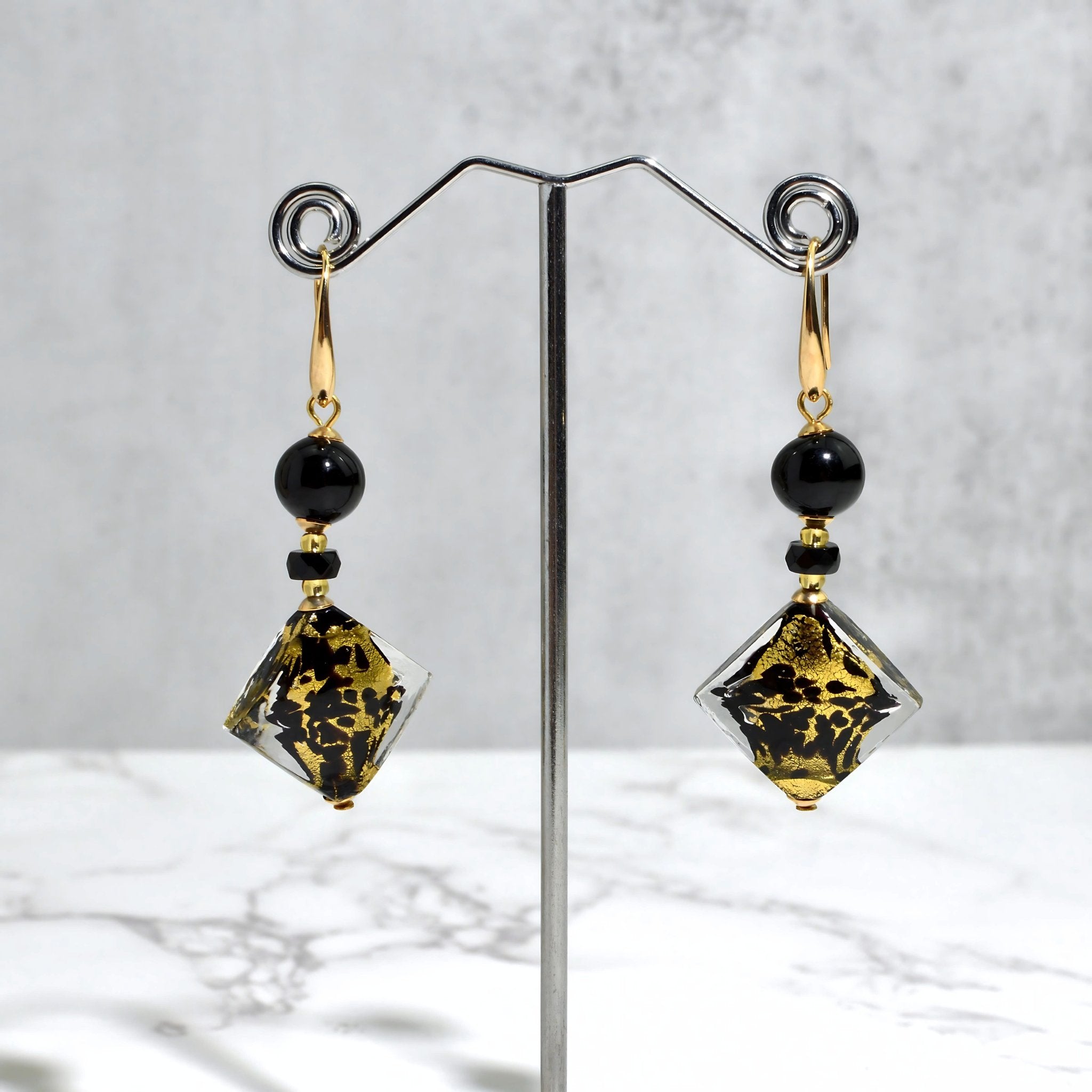 Murano Glass Notte Black & Gold Diamond Bead Necklace - My Italian Decor