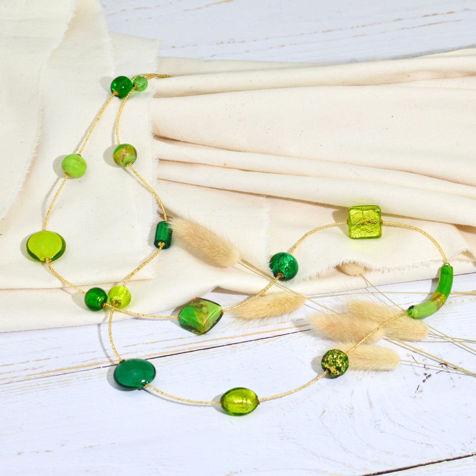 Serenissima Murano Glass Beaded Necklace, Green & Gold, Made in Italy - My Italian Decor
