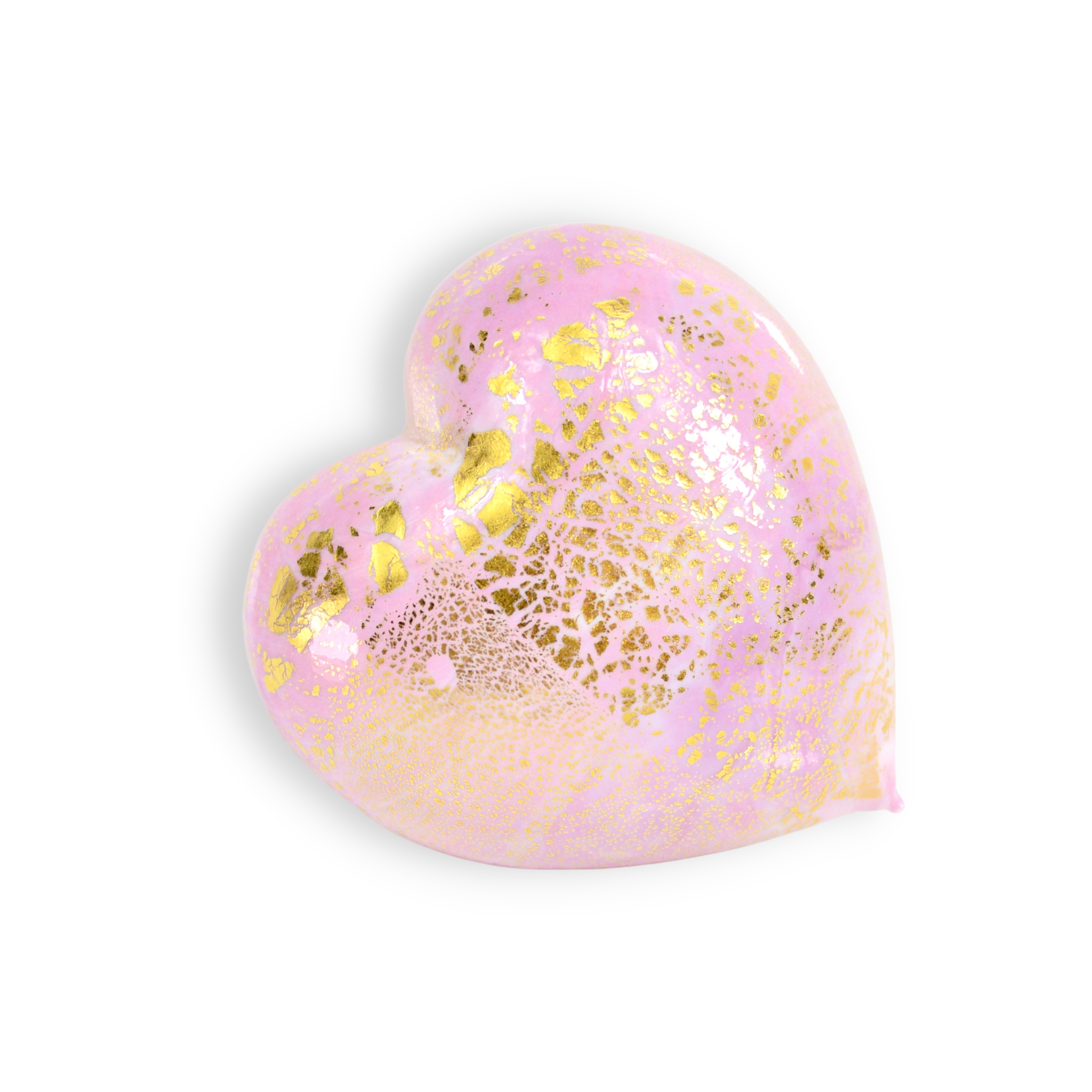 Pink Murano glass heart figurine with 24-karat gold accents, handmade in Italy, displayed on a pastel background.