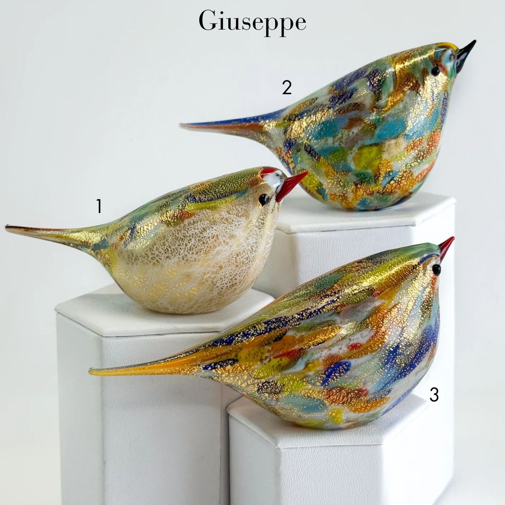 Colorful Murano glass Chirpie bird figurine by Giuseppe, hand blown with multicolor accents, decorative Italian glass art piece.