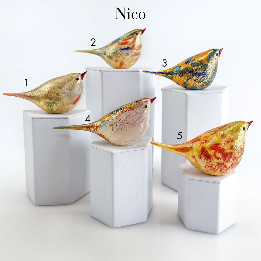 Murano Glass Orange Chirpie Bird figurine by Nico, vibrant handcrafted decorative glass bird from MyItalianDecor.