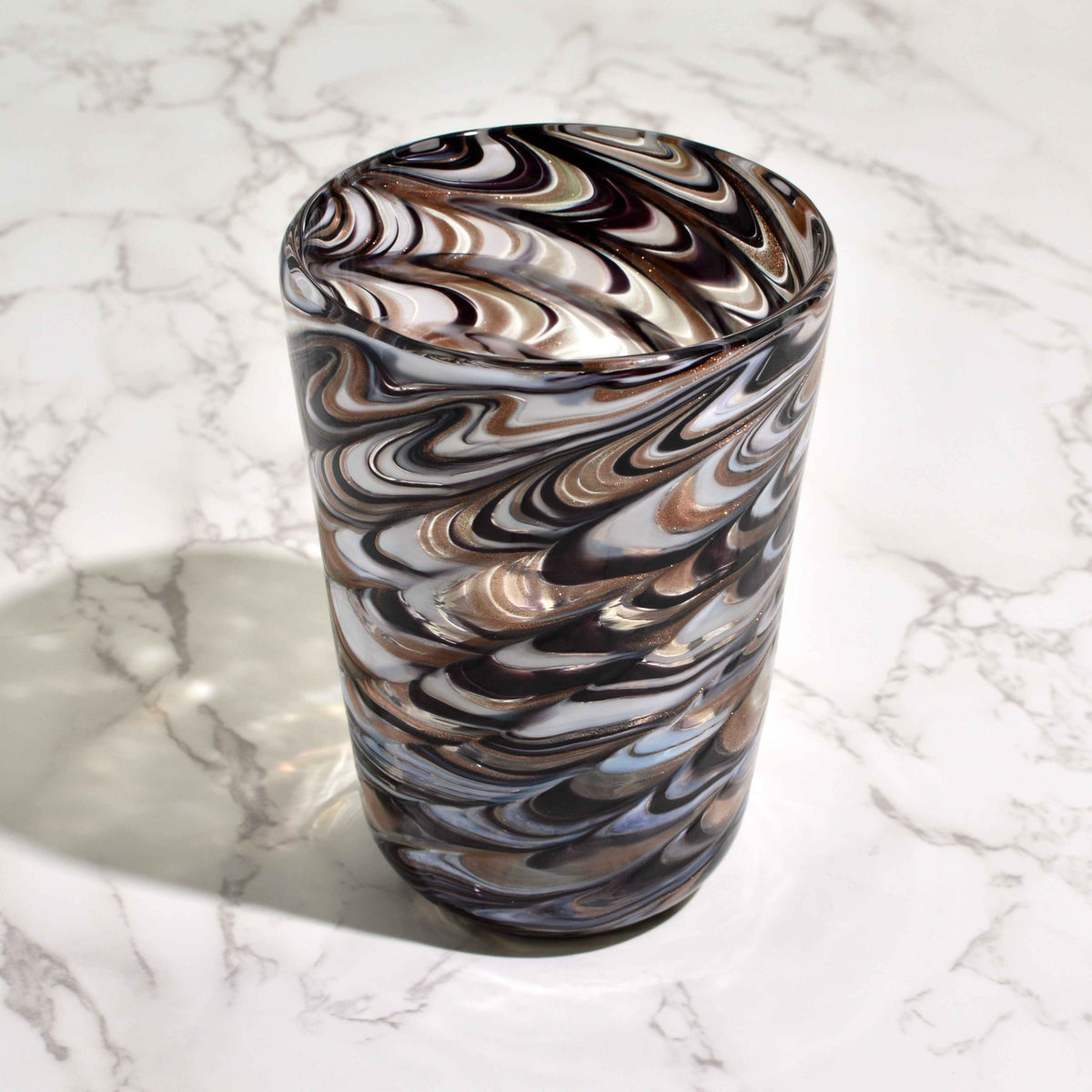 Pavone Murano Glass Tumbler, Black and Avventurina Marbled Glass