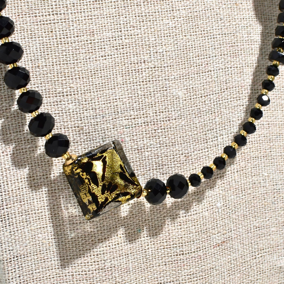 Murano Glass Notte Black &amp; Gold Diamond Bead Necklace