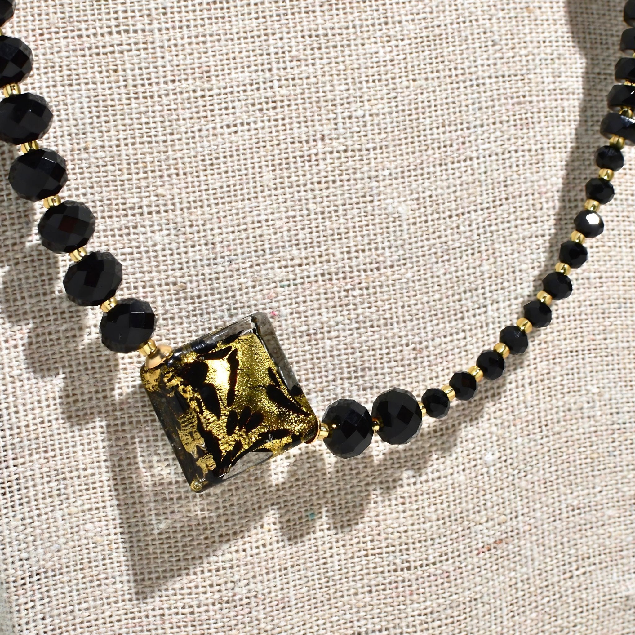 Murano Glass Notte Black & Gold Diamond Bead Necklace - My Italian Decor