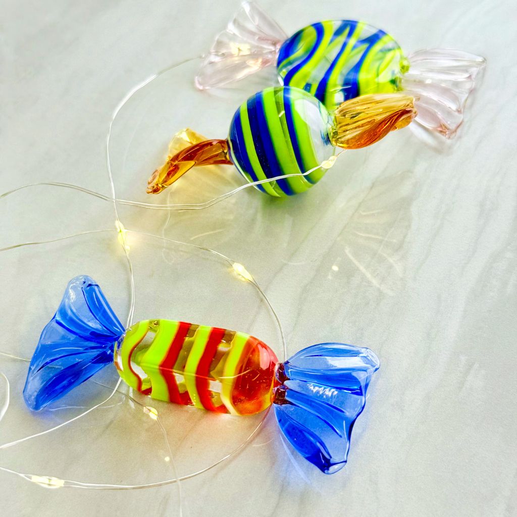 Murano Glass Candies on table with mini lights