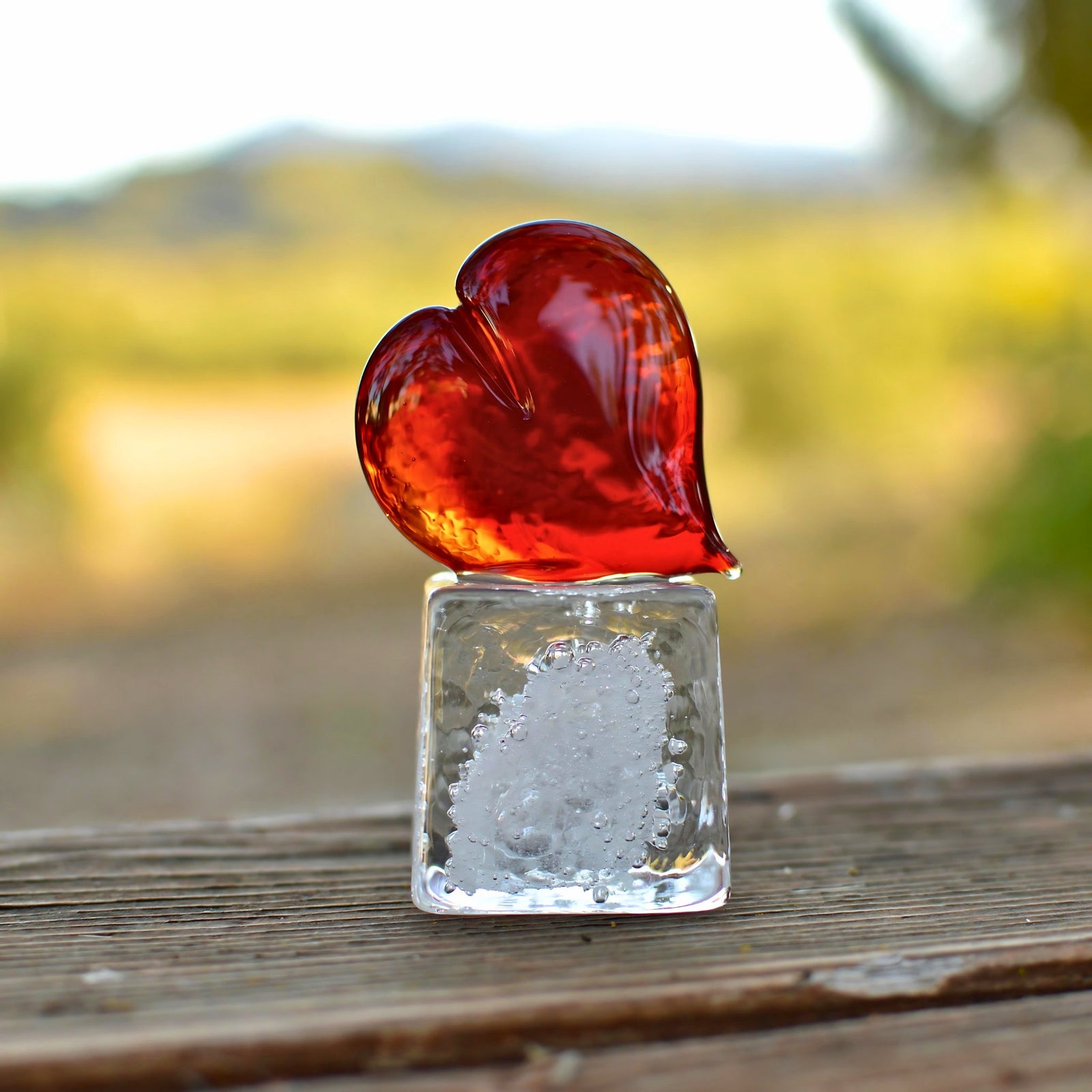 Red Murano glass heart sculpture and paperweight on cube-shaped base, handcrafted by MyItalianDecor.