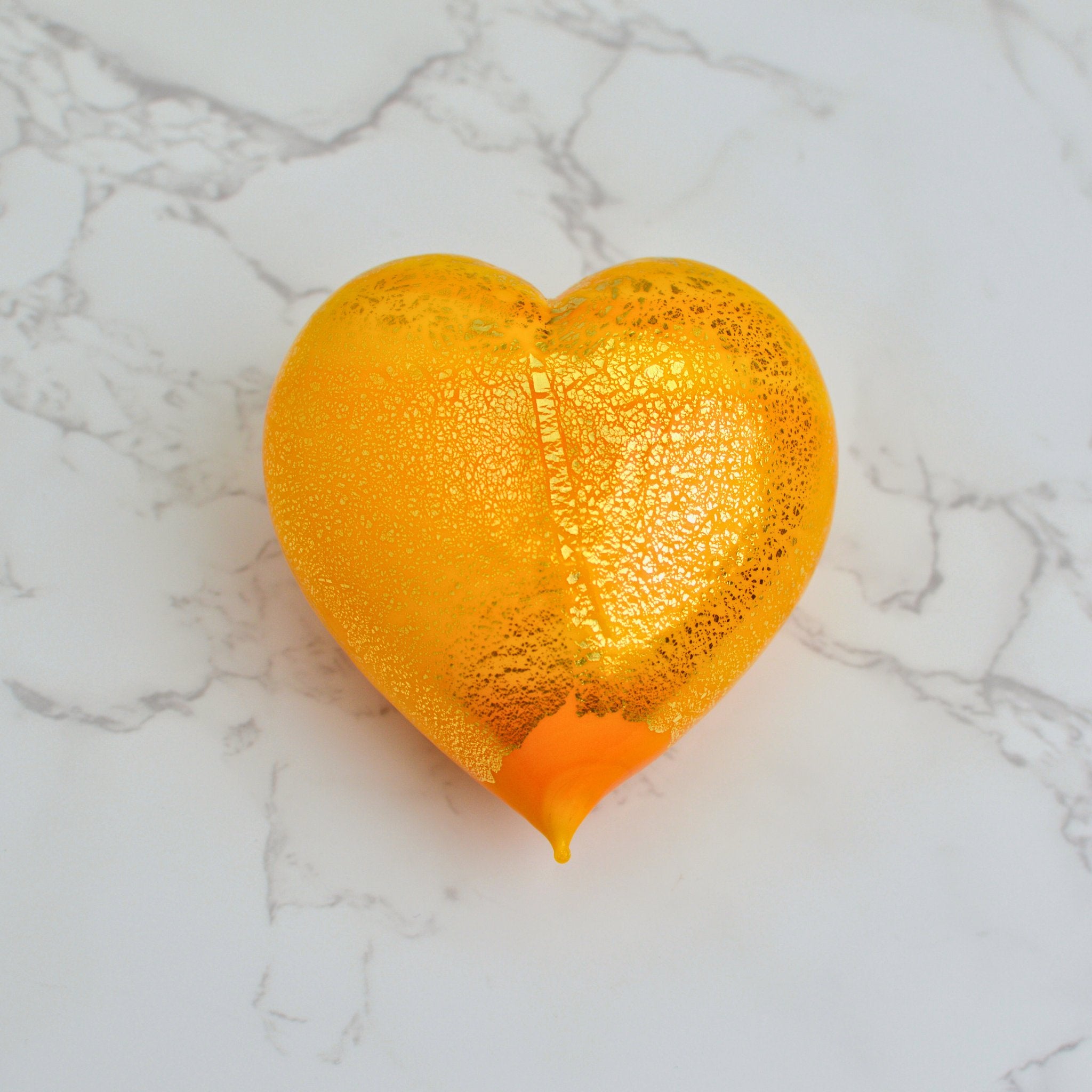 Orange Murano glass heart figurine with 24-karat gold accents, handcrafted in Italy by MyItalianDecor.