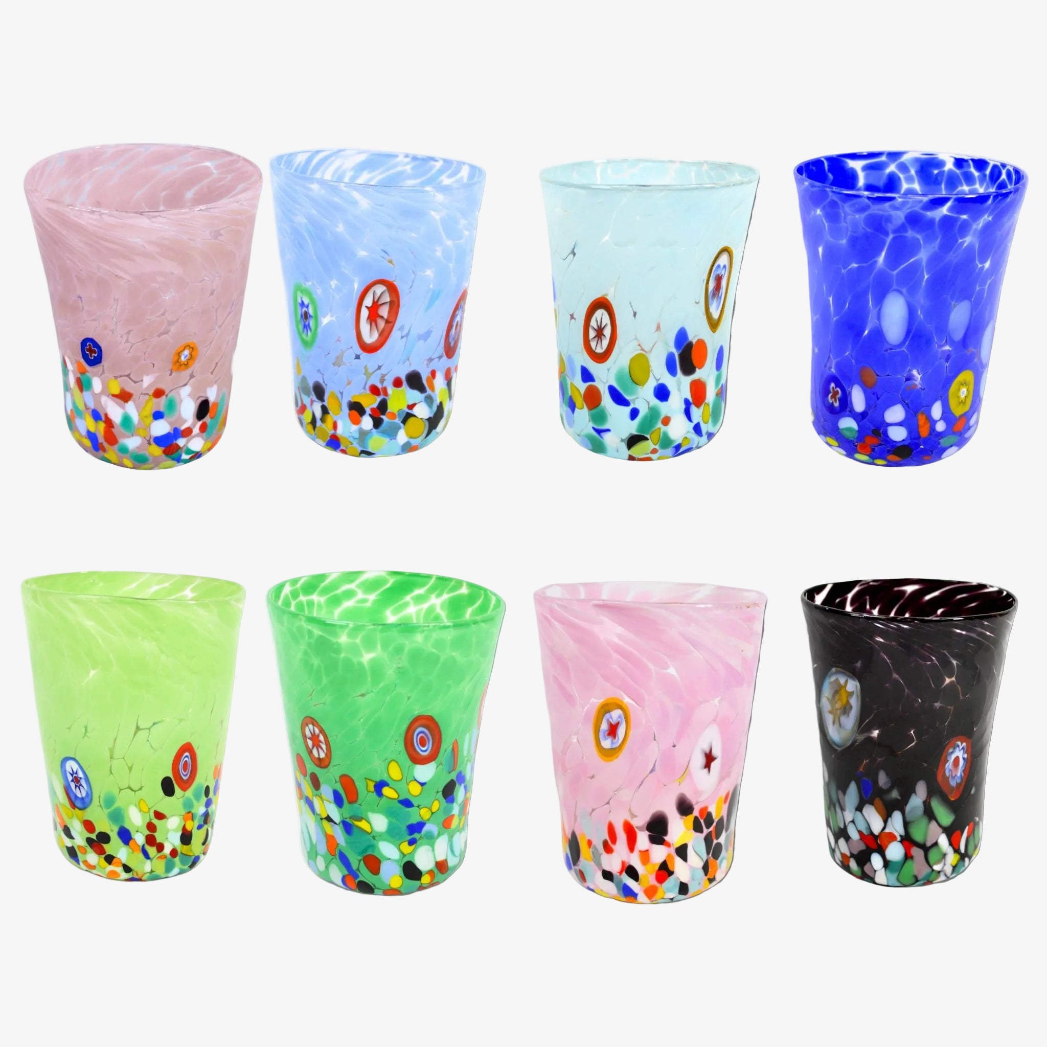 Medici Murano Glass Tumbler by MyItalianDecor featuring colorful Millefiori design, hand-blown drinking glass for elegant beverage service.