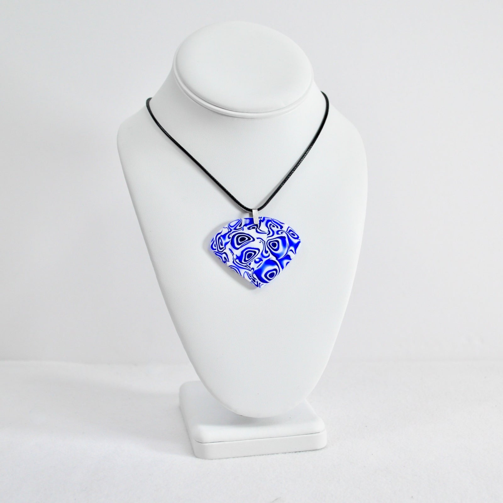 Murano glass Millefiori mosaic fan-shaped pendant in cobalt blue and white, handcrafted Italian charms and pendants.