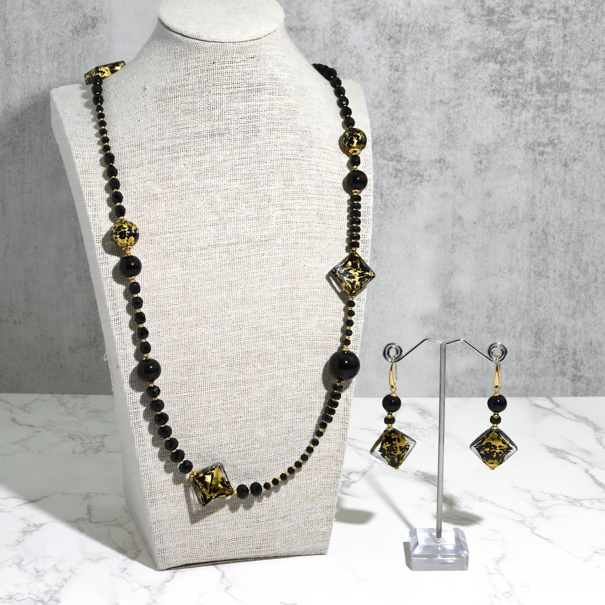 Murano Glass Notte Black &amp; Gold Diamond Bead Necklace