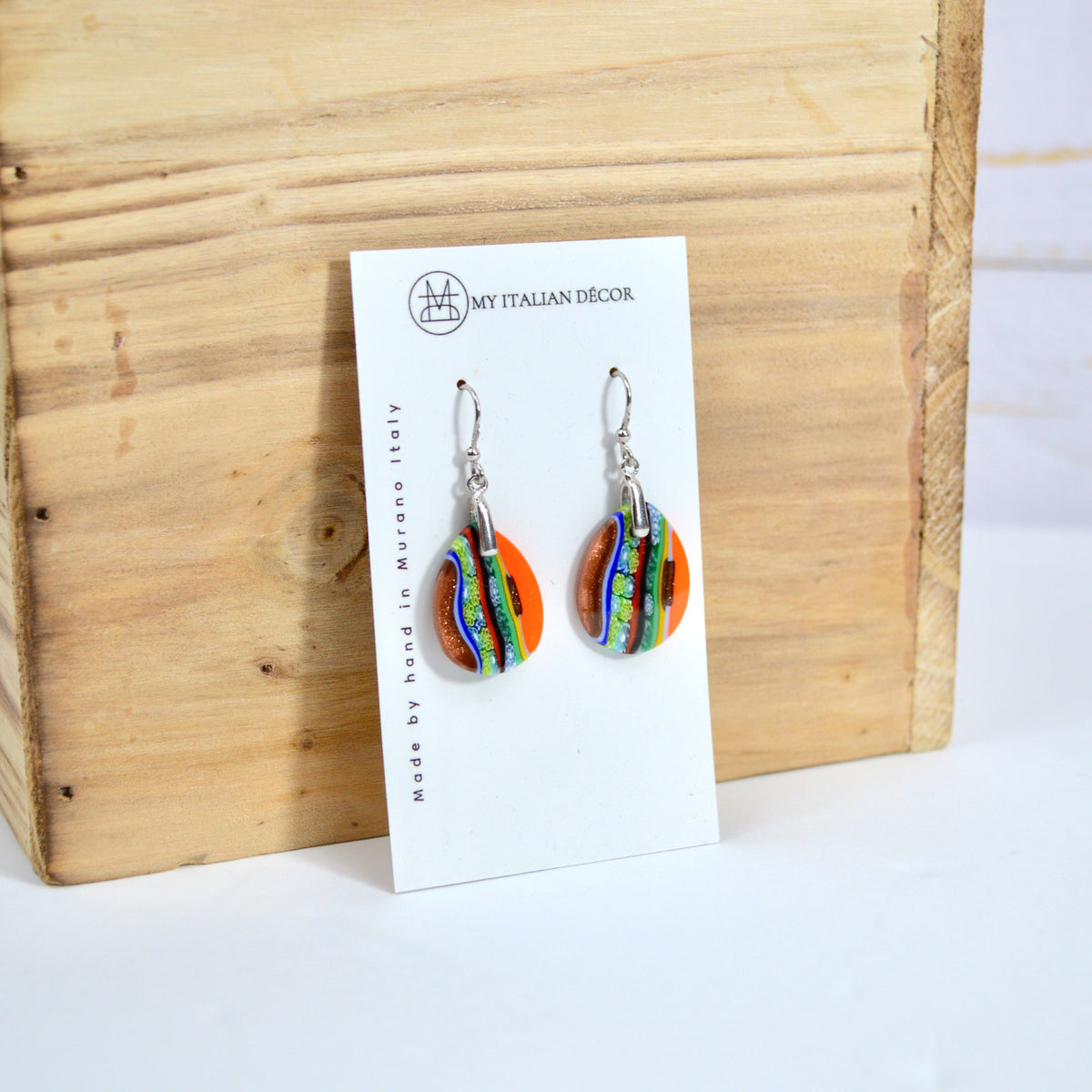 Murano Glass Millefiori Oval Dangle Earrings, Orange and Multicolor - My Italian Decor