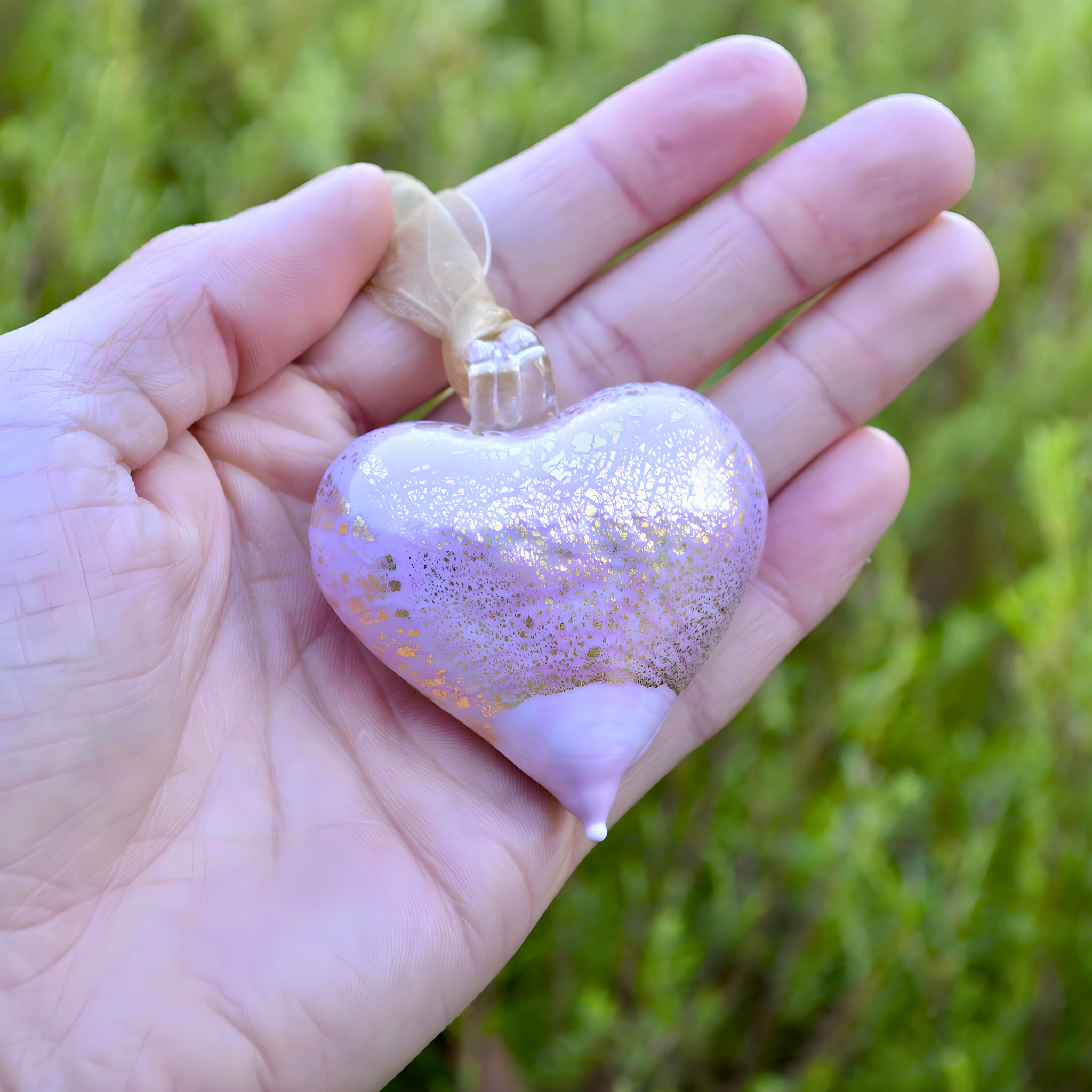 Pink Murano glass small heart ornament from Italy, hanging in hand, colorful holiday decoration, handcrafted by MyItalianDecor.