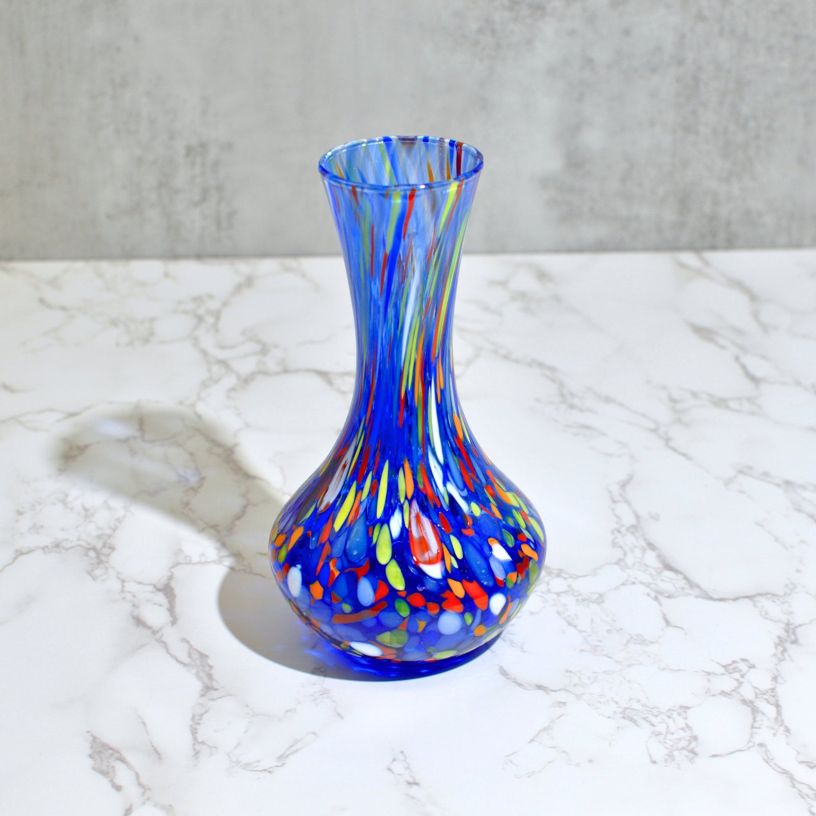 Green and cobalt Murano glass tulip vase with light blue and rose accents, handcrafted Italian vase by MyItalianDecor.