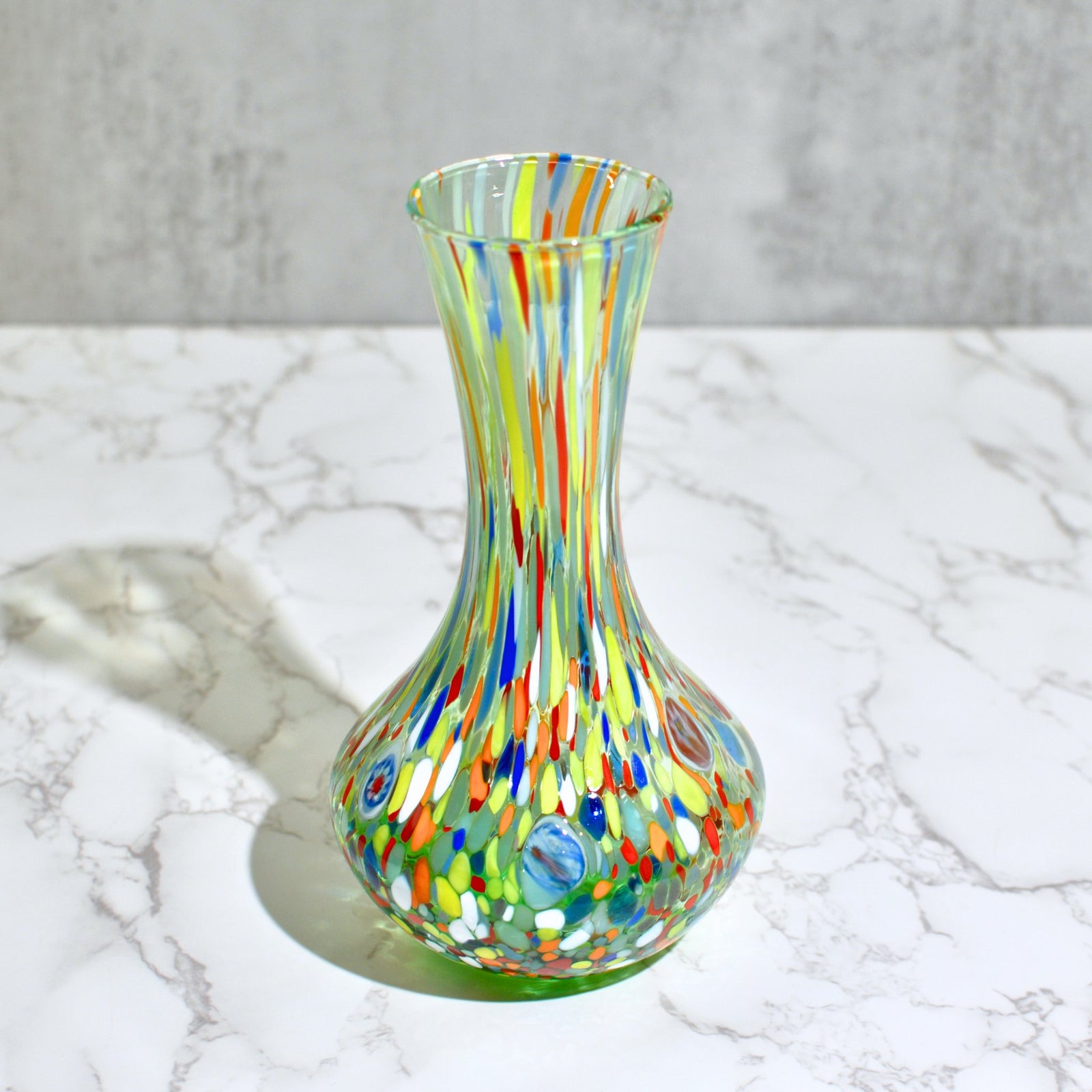 Green and cobalt Murano glass tulip vase with light blue and rose accents, handcrafted Italian vase by MyItalianDecor.