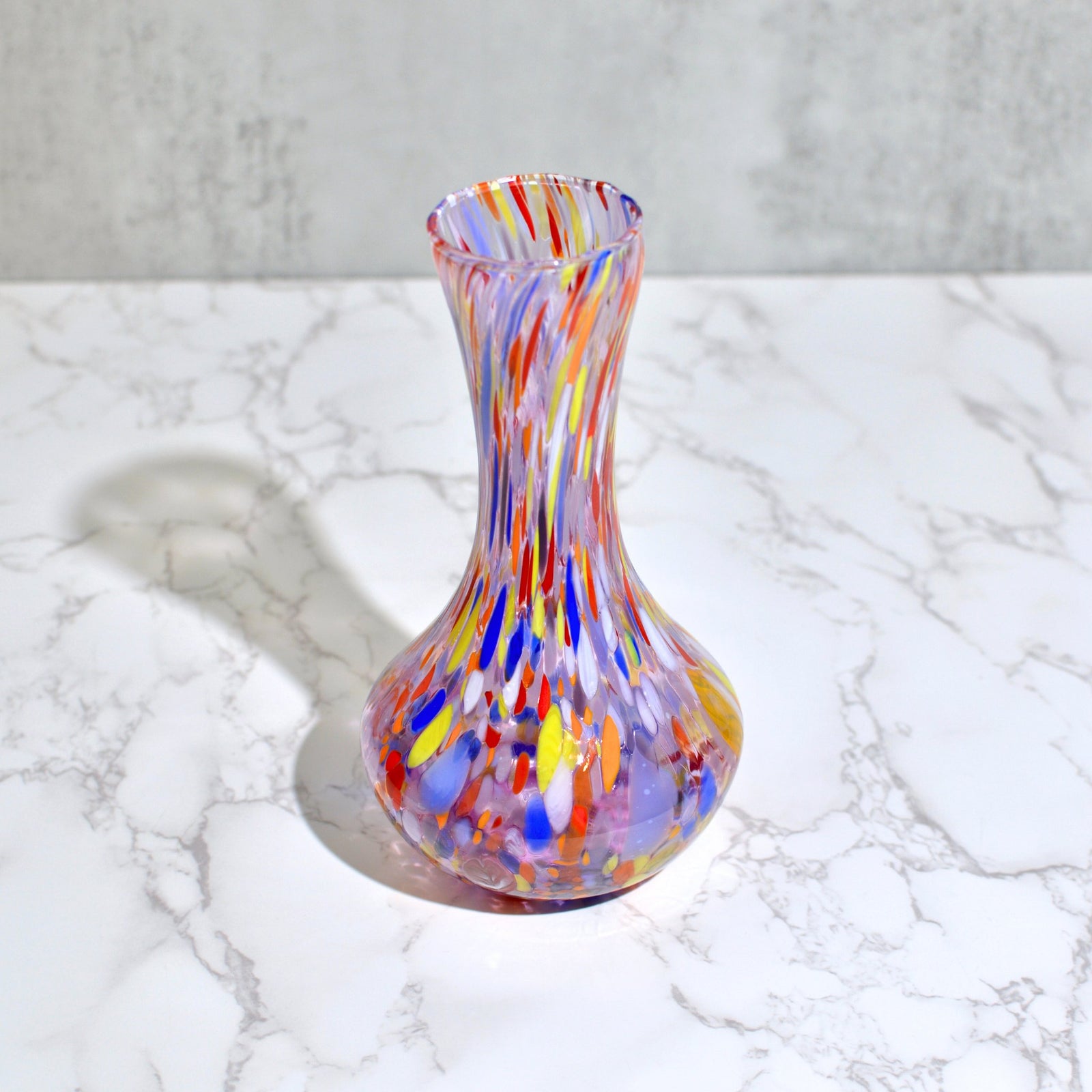 Green and cobalt Murano glass tulip vase with light blue and rose accents, handcrafted Italian vase by MyItalianDecor.