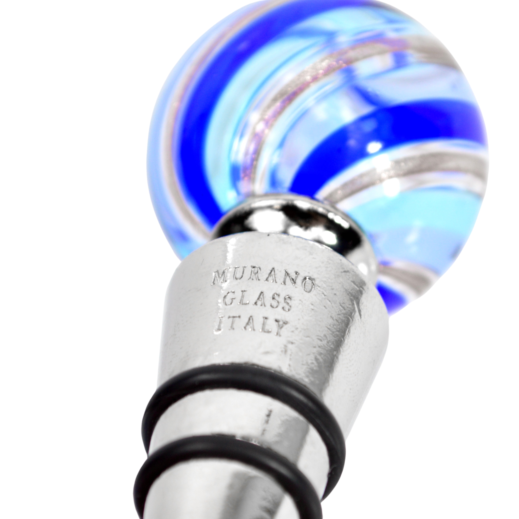 Close-up of cobalt Murano glass wine stopper with elegant lettering, made in Italy, for sealing and preserving wine bottles.