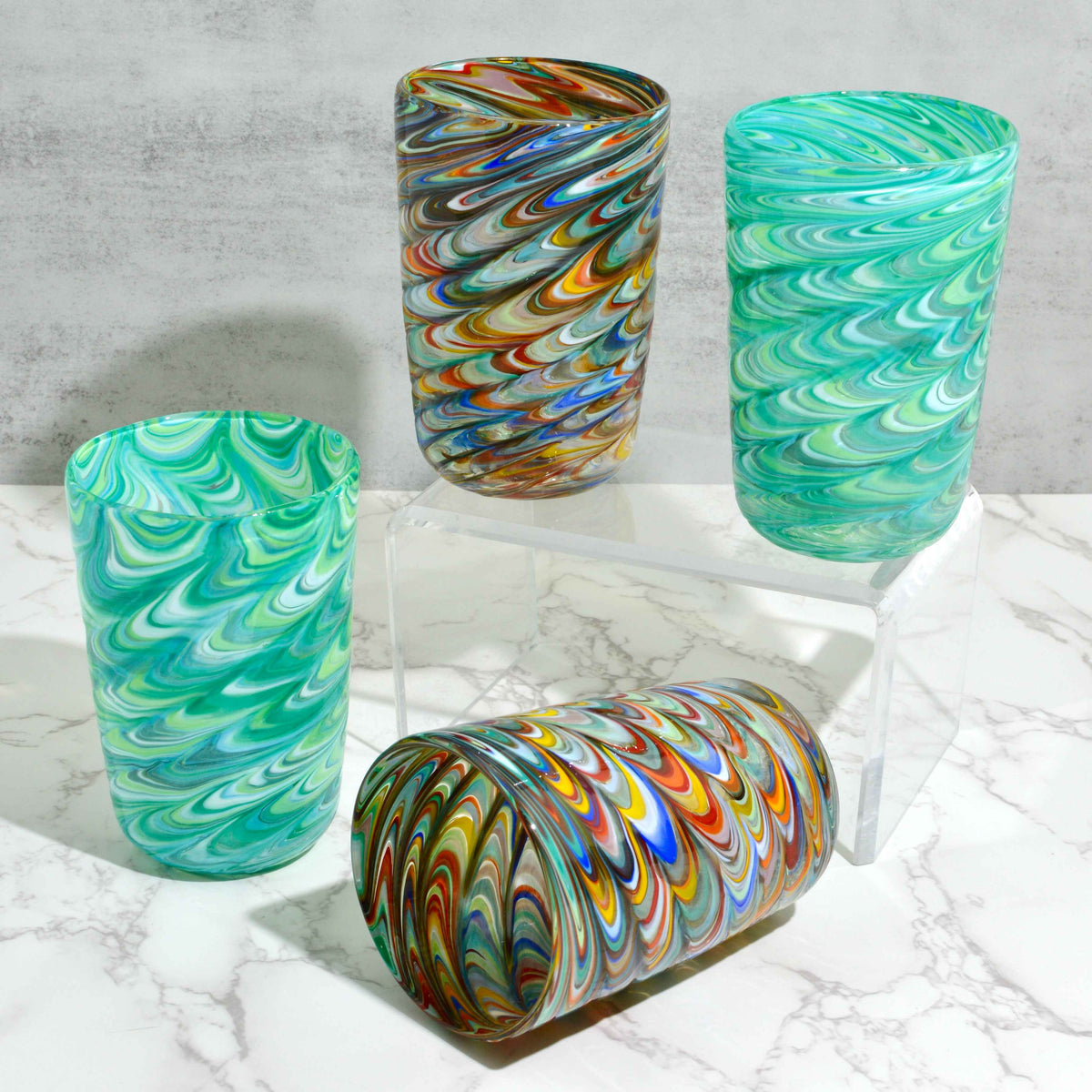 Pavone Murano Glass Tumbler, Green Marbled Glass