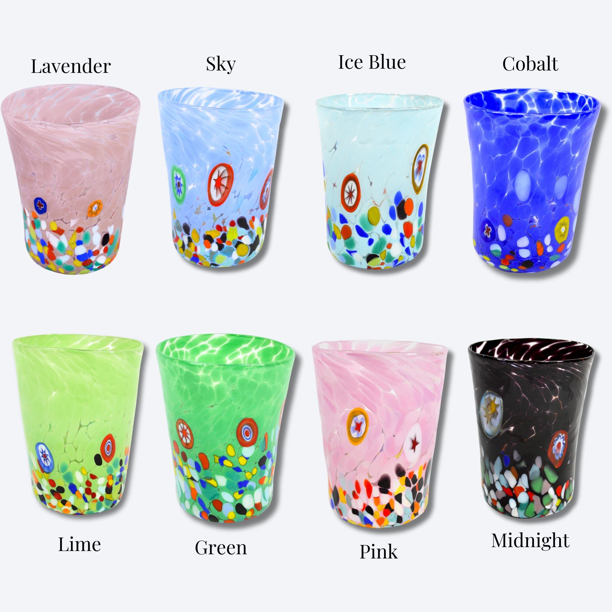 Colorful Medici Murano Glass tumbler with Millefiori design, featuring vibrant, intricate patterns in a clear glass drinking tumbler.