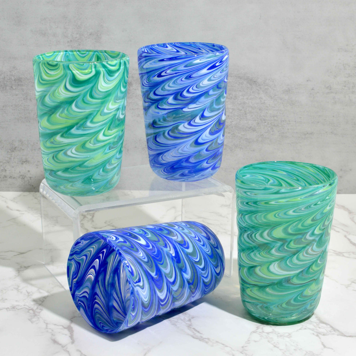 Pavone Murano Glass Tumbler, Blue Marbled Glass