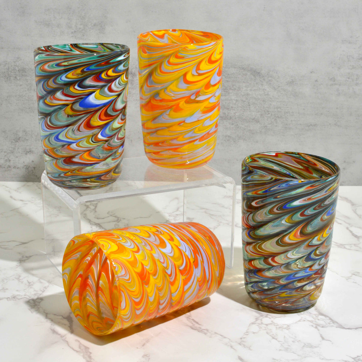 Pavone Murano Glass Tumbler, Orange Marbled Glass