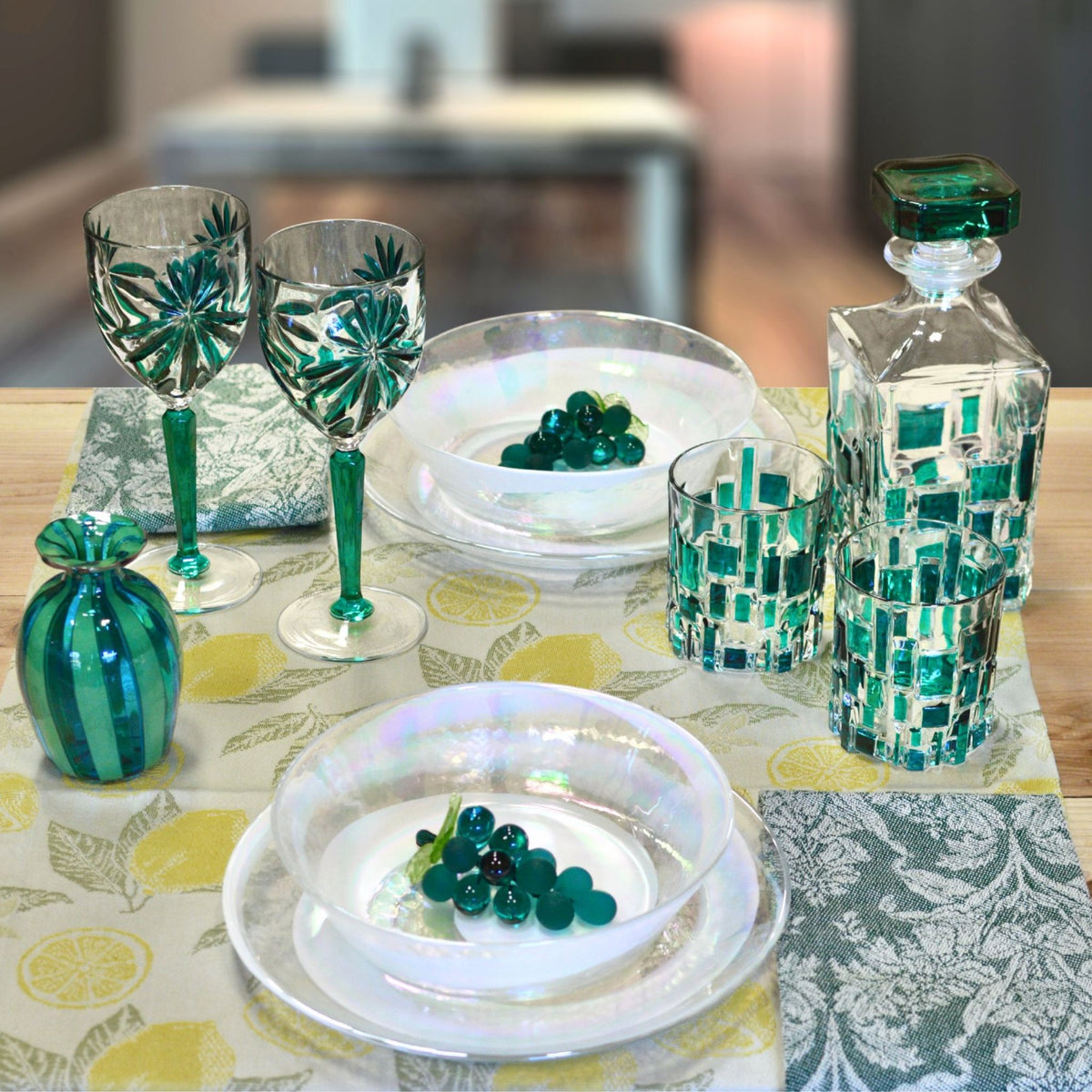 Starburst Wine Glasses, Hand-Painted Italian Crystal Goblets, Emerald Green