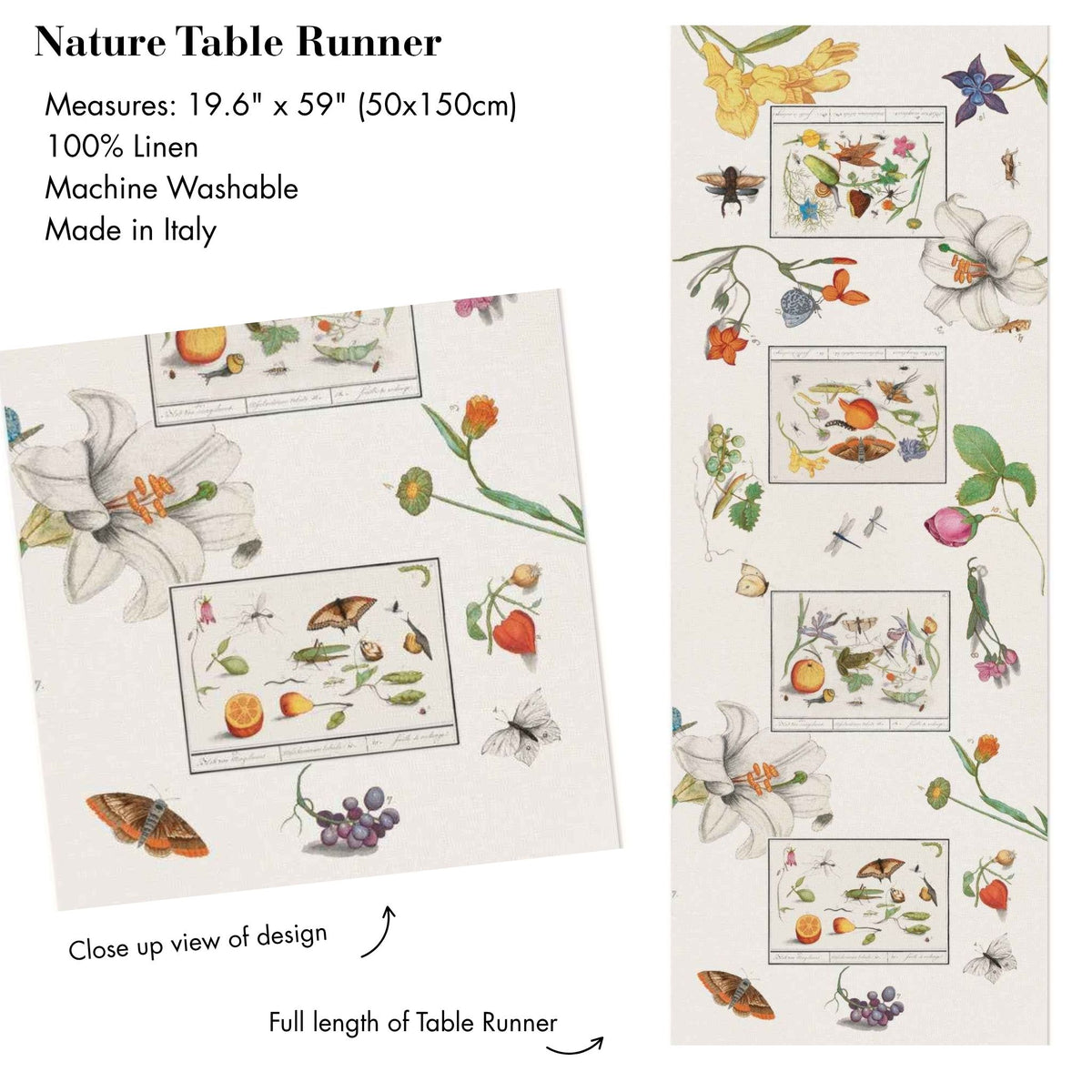 Table Runner, 100% Linen, Fruit &amp; Floral, Choose your style, Made in Italy