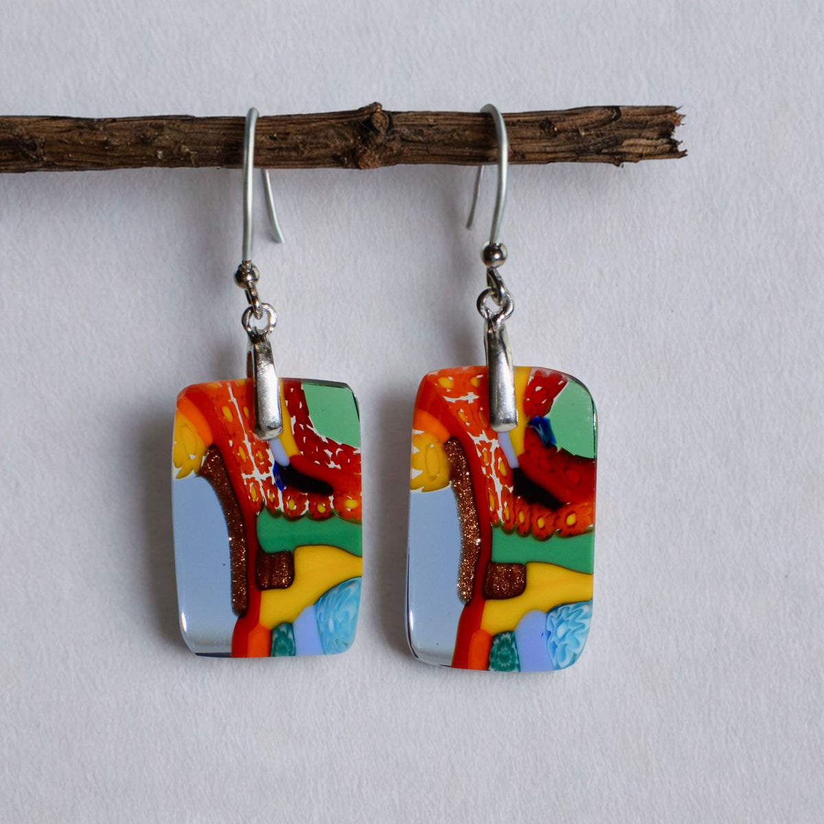 Murano Glass Dangle Earrings, Rectangle, Multi, Made in Italy