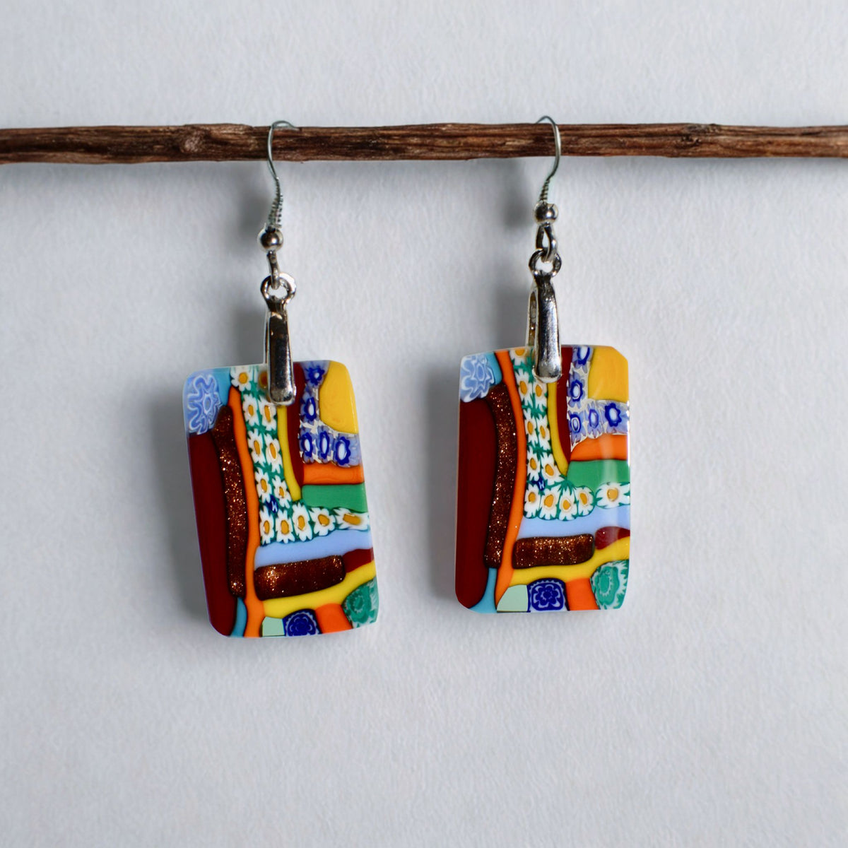 Murano Glass Dangle Earrings, Rectangle, Multi, Made in Italy