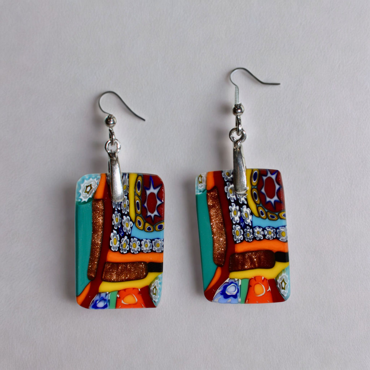 Murano Glass Dangle Earrings, Rectangle, Multi, Made in Italy