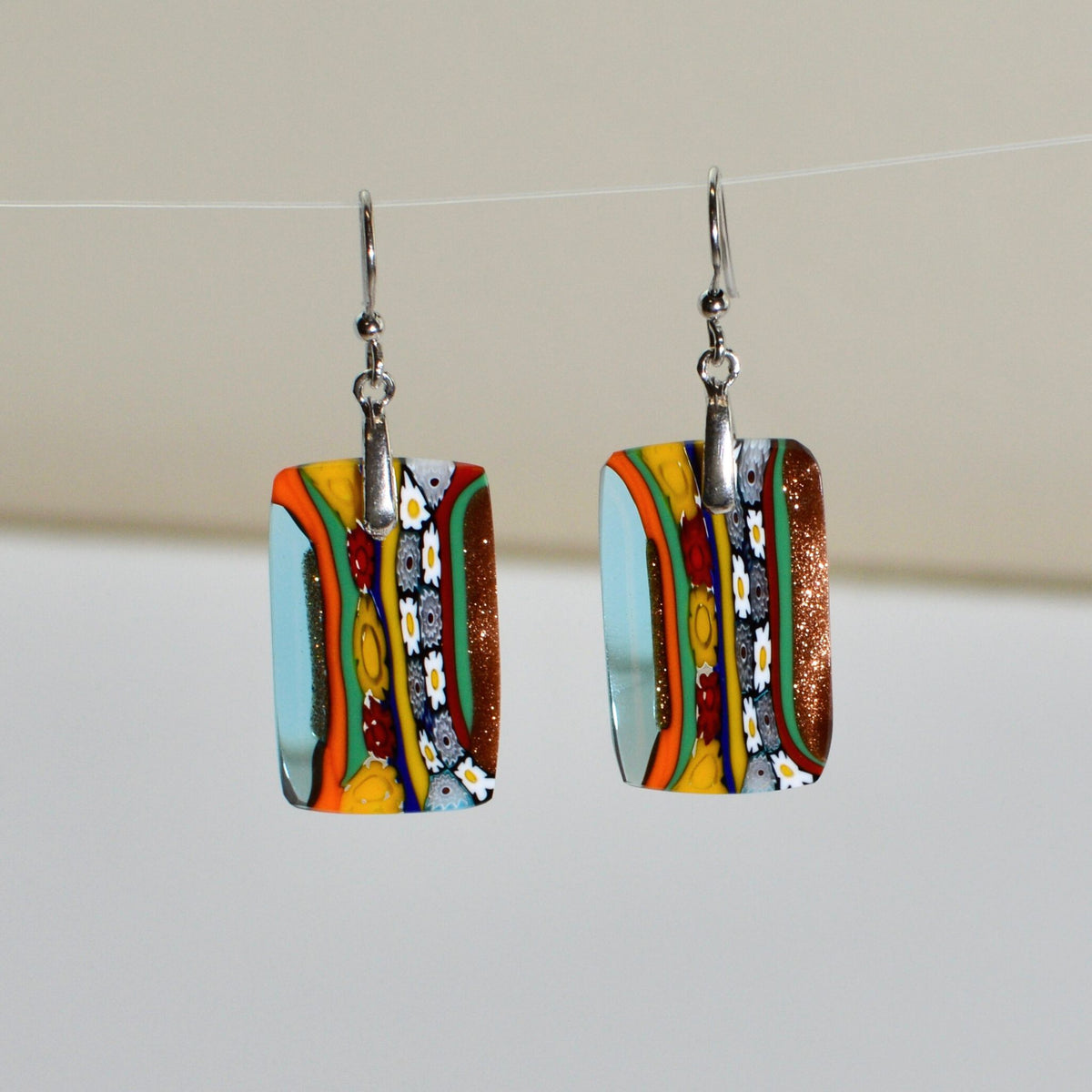 Murano Glass Dangle Earrings, Rectangle, Multi, Made in Italy