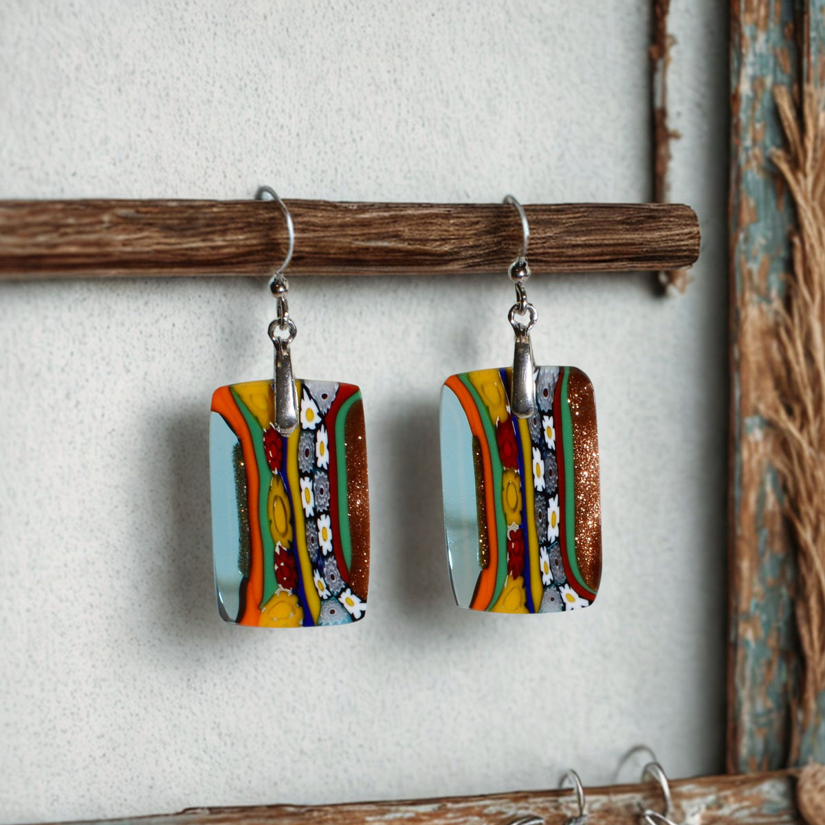 Murano Glass Dangle Earrings, Rectangle, Multi, Made in Italy