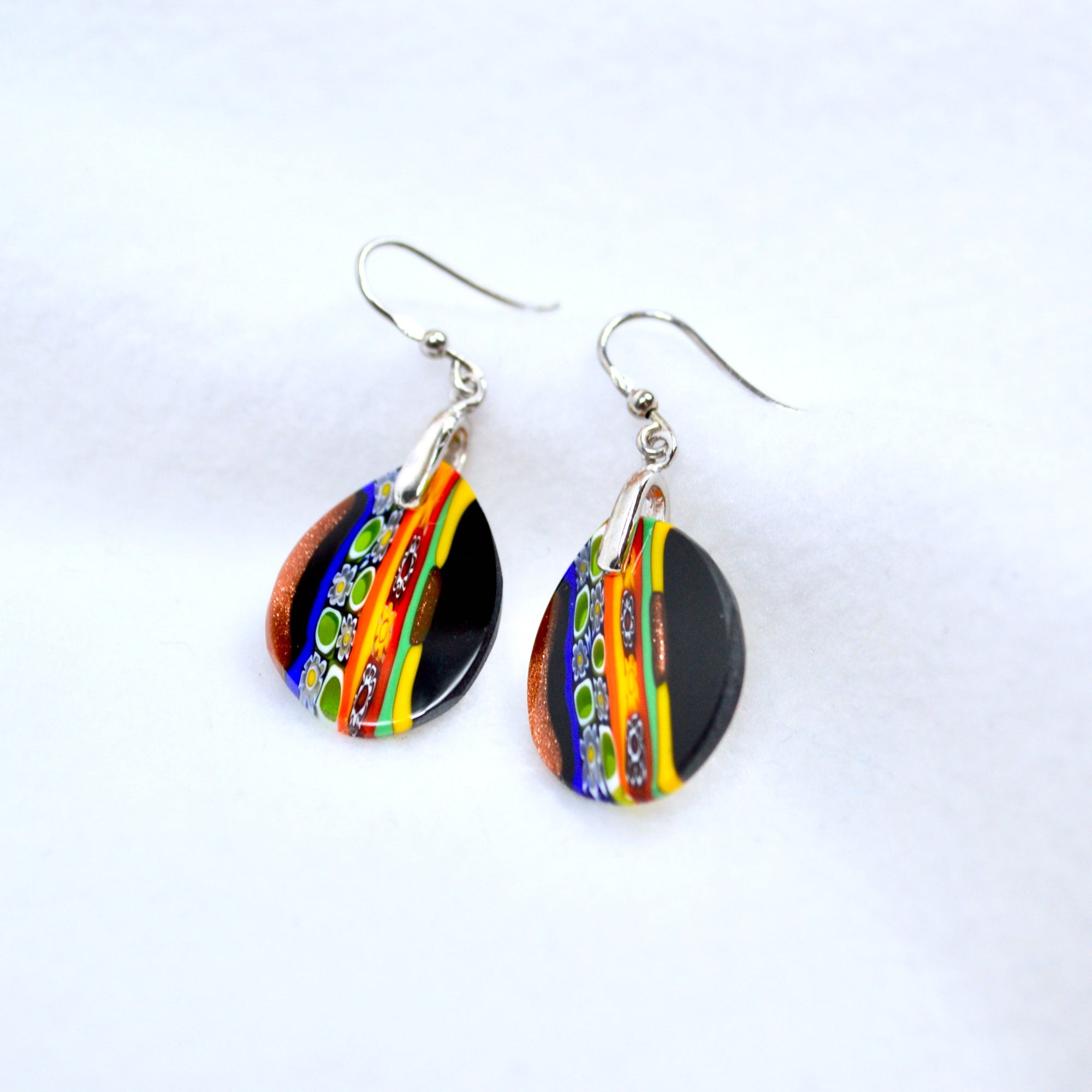 Murano Glass Millefiori Oval Dangle Earrings, Murrine Mosaic, Black - My Italian Decor