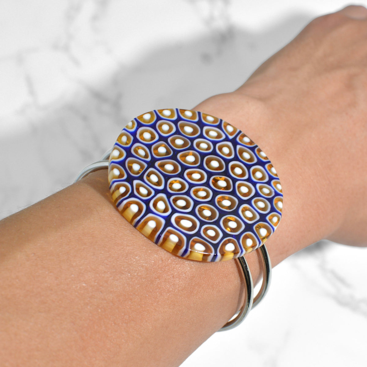 Murano Glass Mosaic Statement Amber/Blue Cuff Bracelet