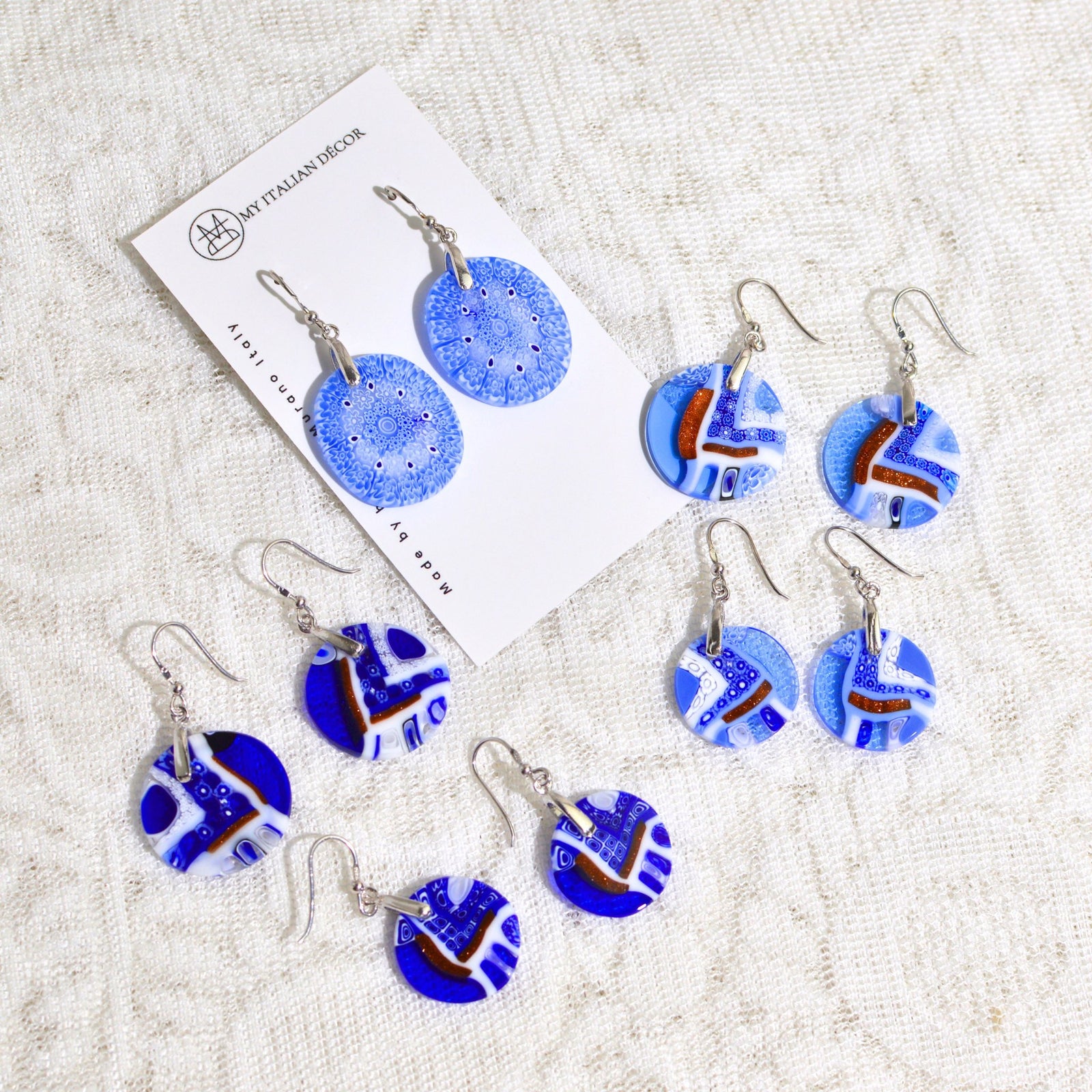 Murano Glass Dangle Earrings, Blue Circle, Made in Italy - My Italian Decor