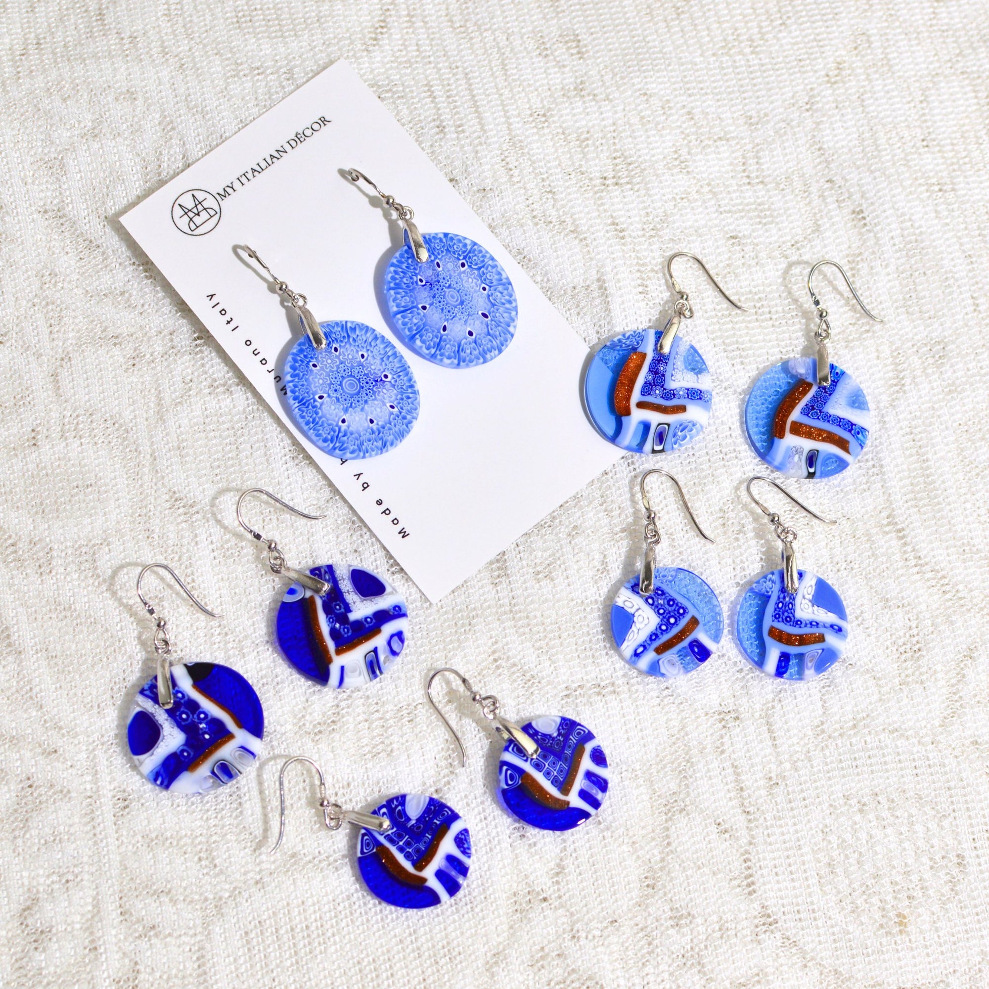 Murano Glass Dangle Earrings, Blue Circle, Made in Italy - My Italian Decor