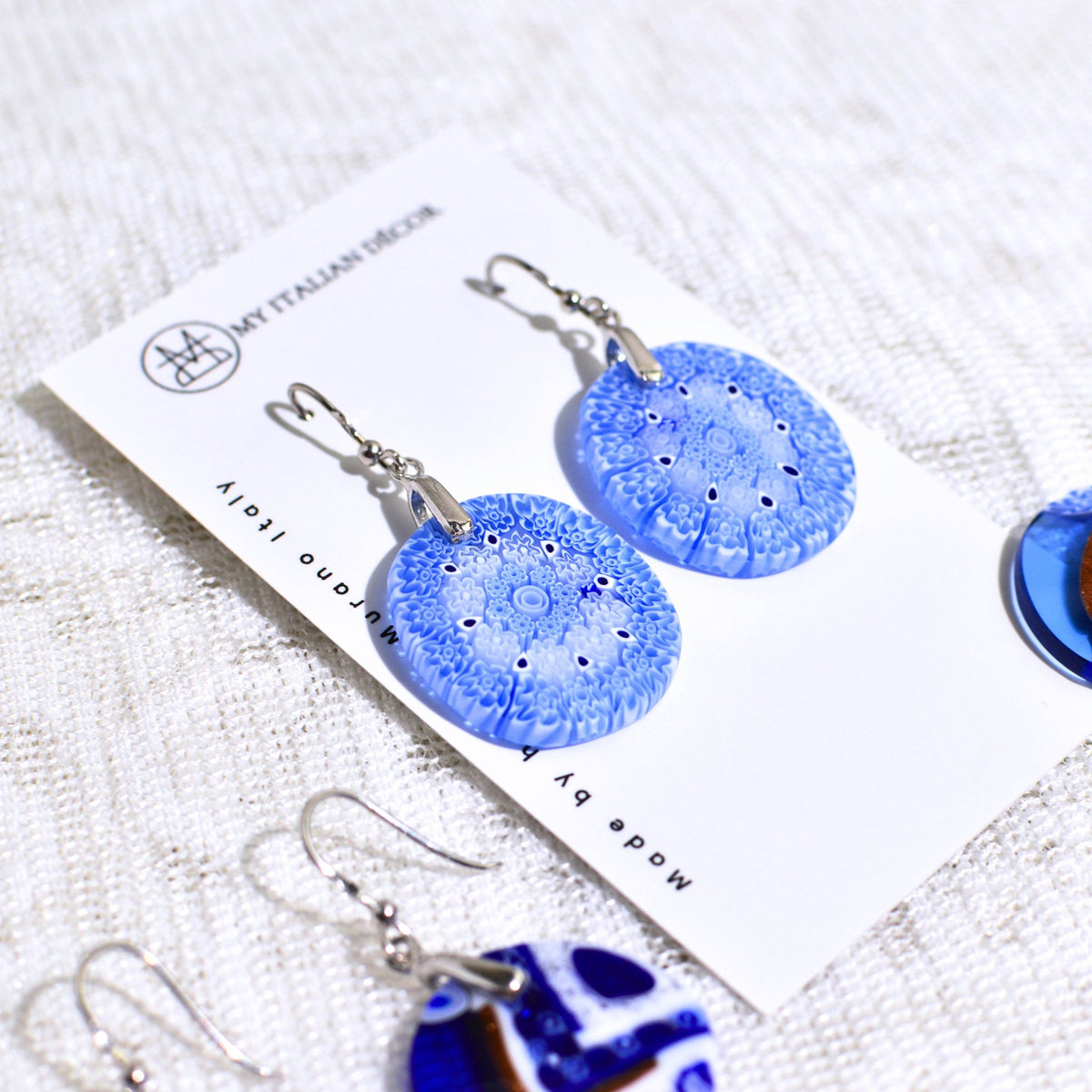 Murano Glass Dangle Earrings, Blue Circle, Made in Italy - My Italian Decor