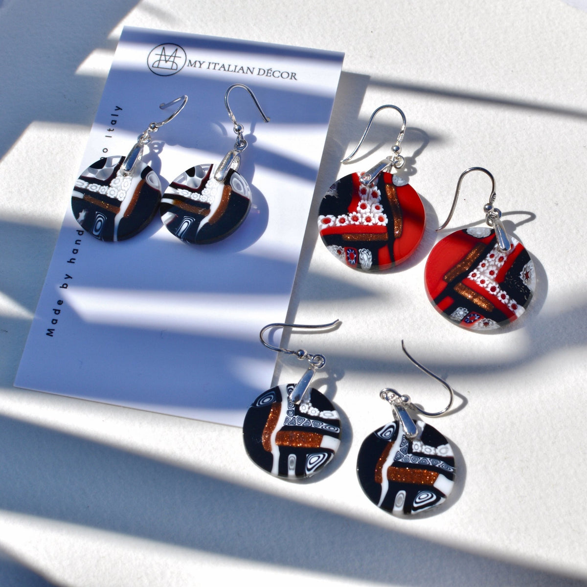 Murano Glass Dangle Earrings, Circle, Black, Red, Made in Italy - My Italian Decor