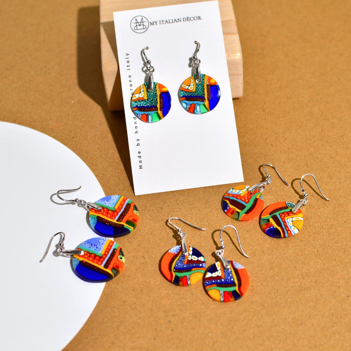 Murano Glass Dangle Earrings, Multi-color Circle, Made in Italy - My Italian Decor