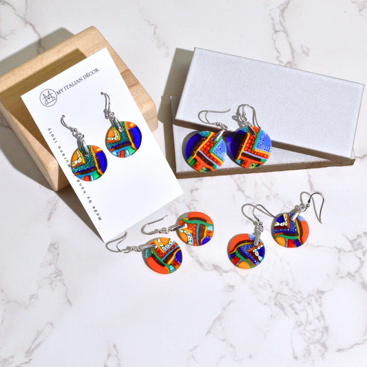 Murano Glass Dangle Earrings, Multi-color Circle, Made in Italy - My Italian Decor