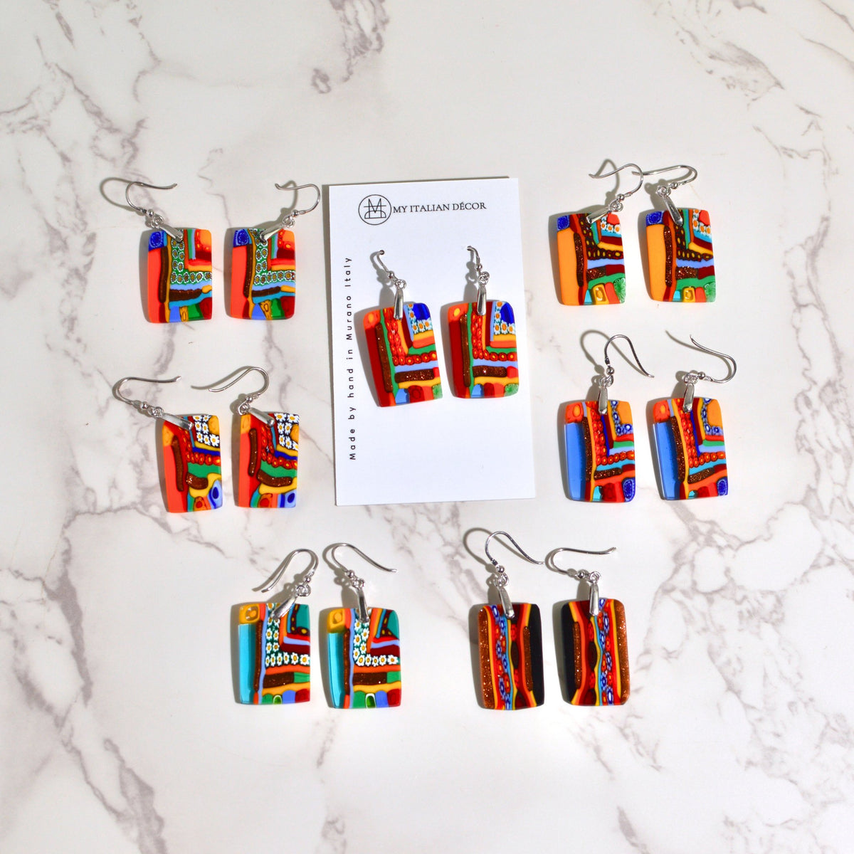 Murano Glass Dangle Earrings, Rectangle, Multi, Made in Italy - My Italian Decor