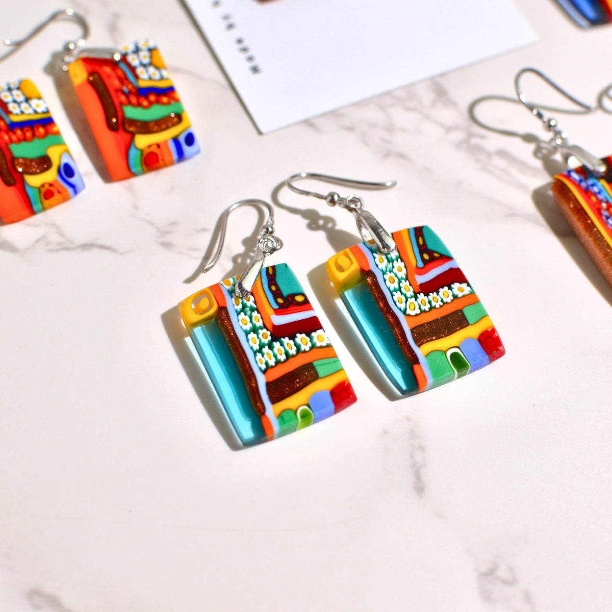 Murano Glass Dangle Earrings, Rectangle, Multi, Made in Italy - My Italian Decor