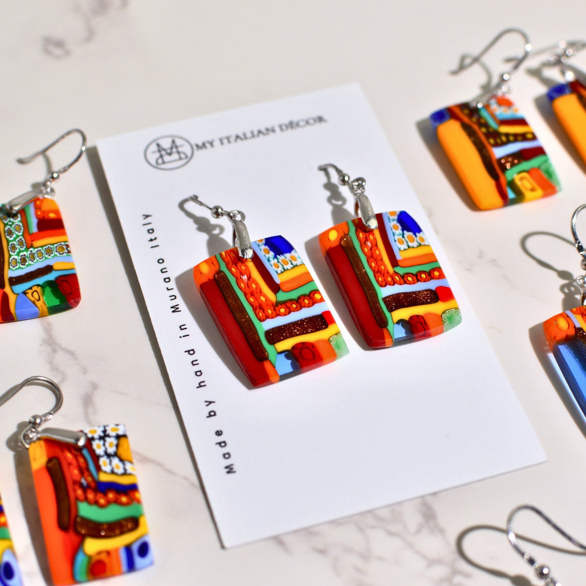 Murano Glass Dangle Earrings, Rectangle, Multi, Made in Italy - My Italian Decor