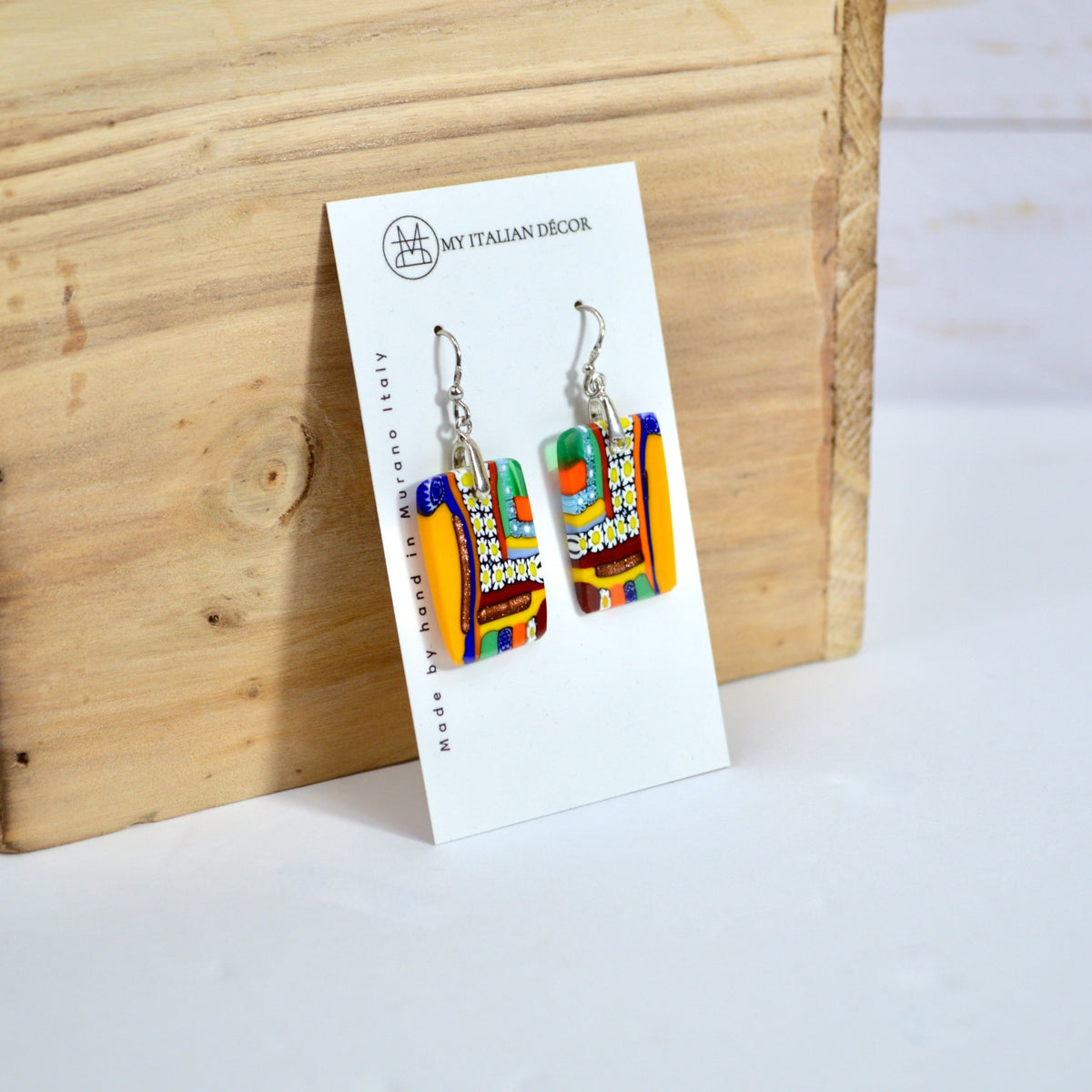 Murano Glass Millefiori Mosaic Earrings, Rectangle, Daisy - My Italian Decor