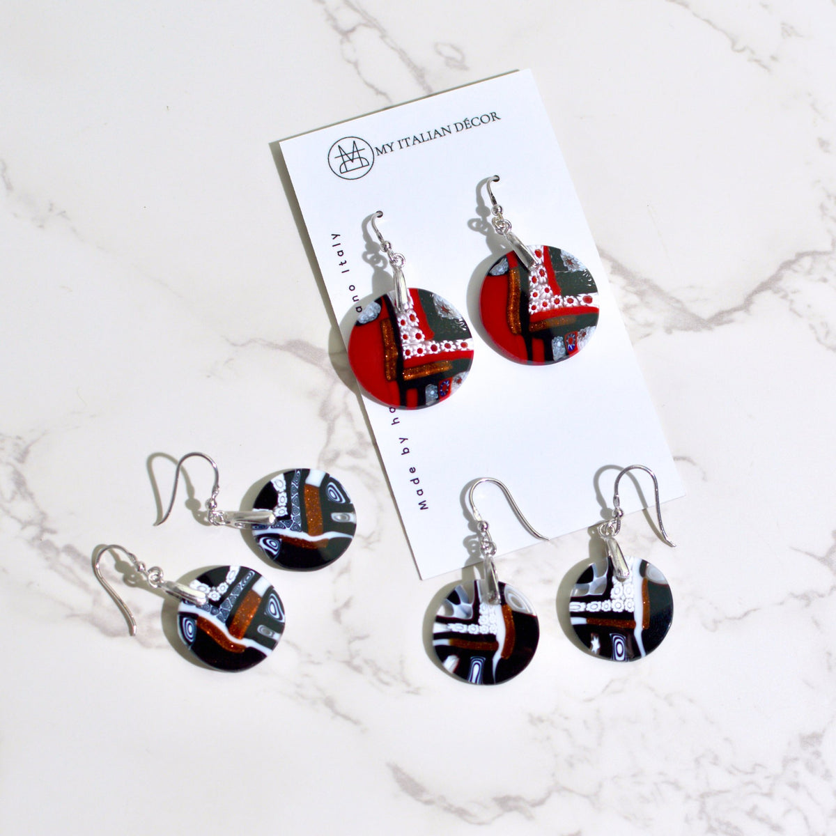 Murano Glass Dangle Earrings, Circle, Black, Red, Made in Italy - My Italian Decor