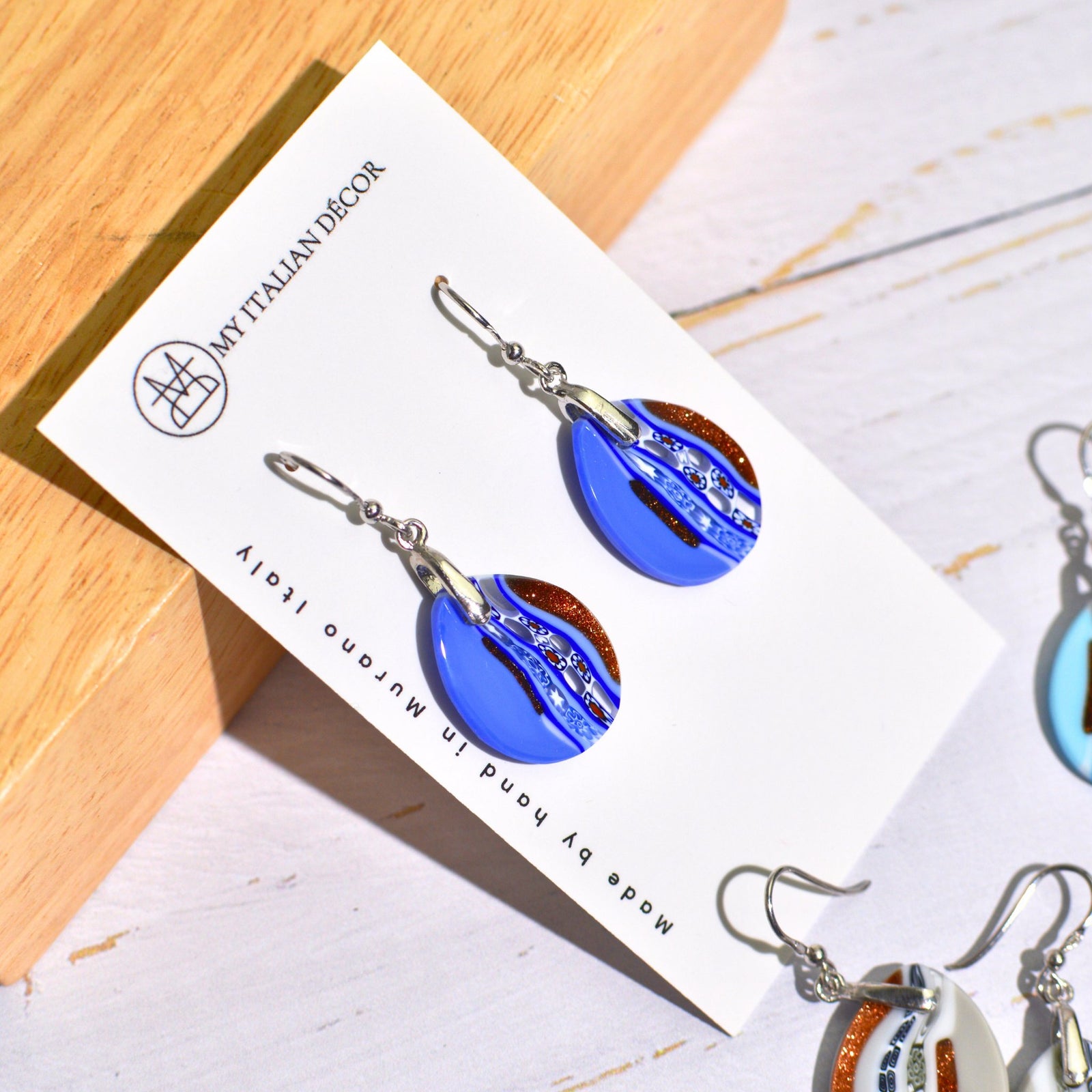 Colorful Murano Glass dangle earrings featuring teardrop shapes in assorted vibrant colors, crafted by My Italian Decor.