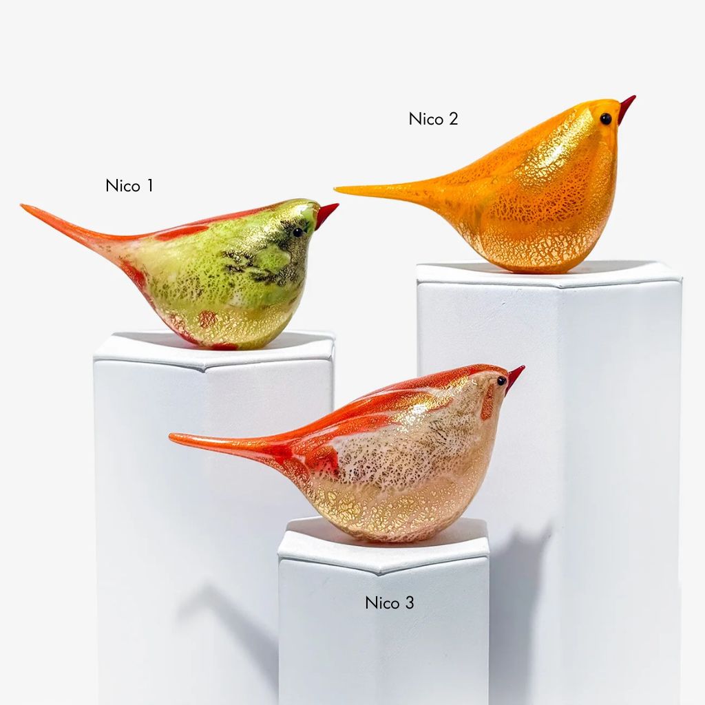 Murano glass orange Chirpie bird figurine by Nico, decorative Italian glass bird sculpture, vibrant orange and detailed craftsmanship.