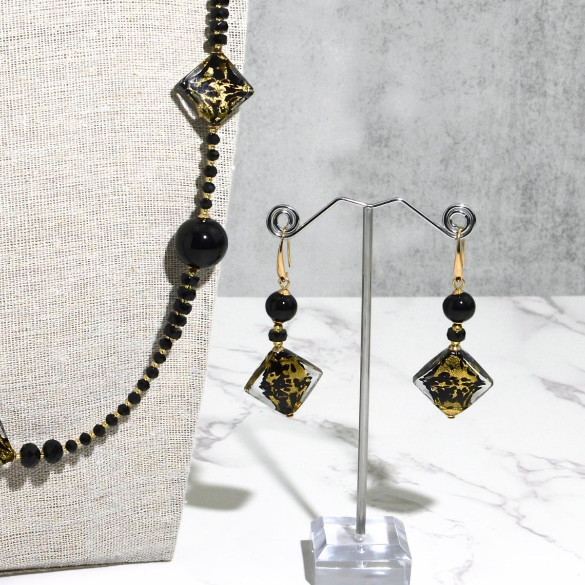 Murano Glass Notte Black &amp; Gold Diamond Bead Necklace