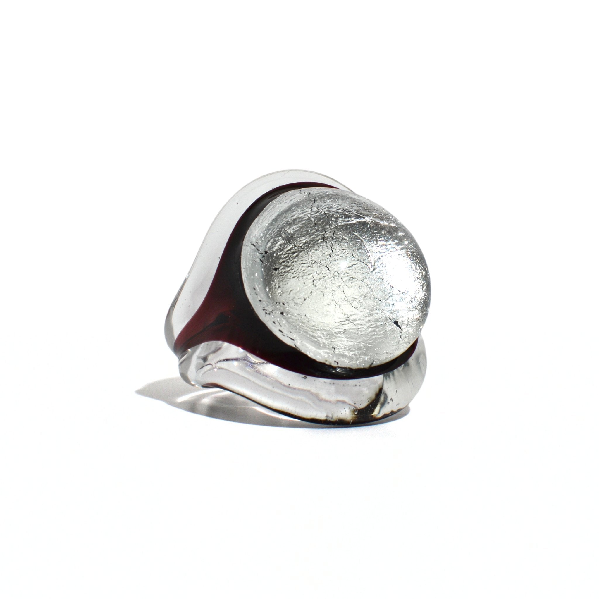 Close-up of a silver Murano Glass Occhio Statement Ring by MyItalianDecor, showcasing intricate glass craftsmanship and elegant design.