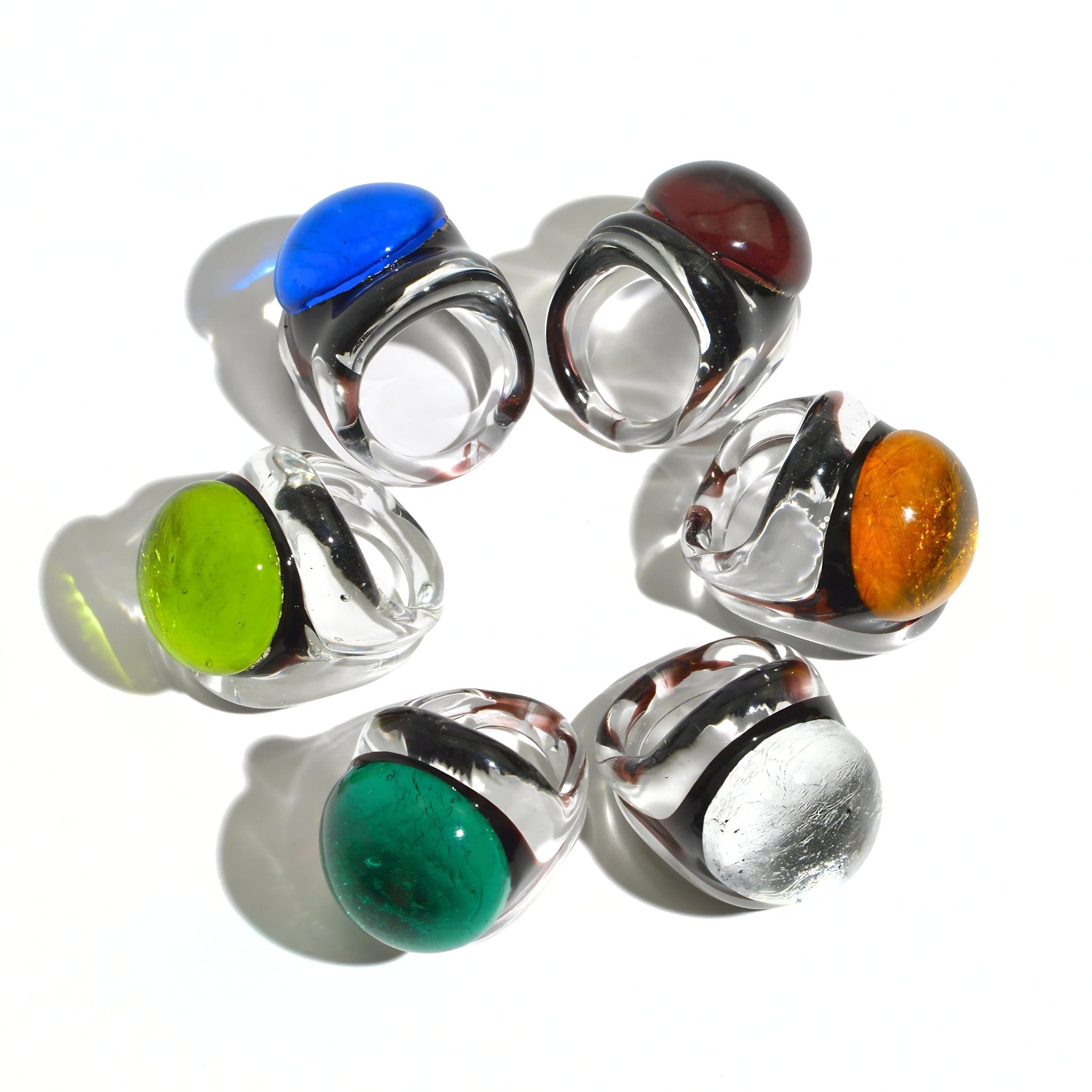 Murano glass Occhio statement rings by MyItalianDecor, featuring colorful circular designs in vibrant Italian craftsmanship.