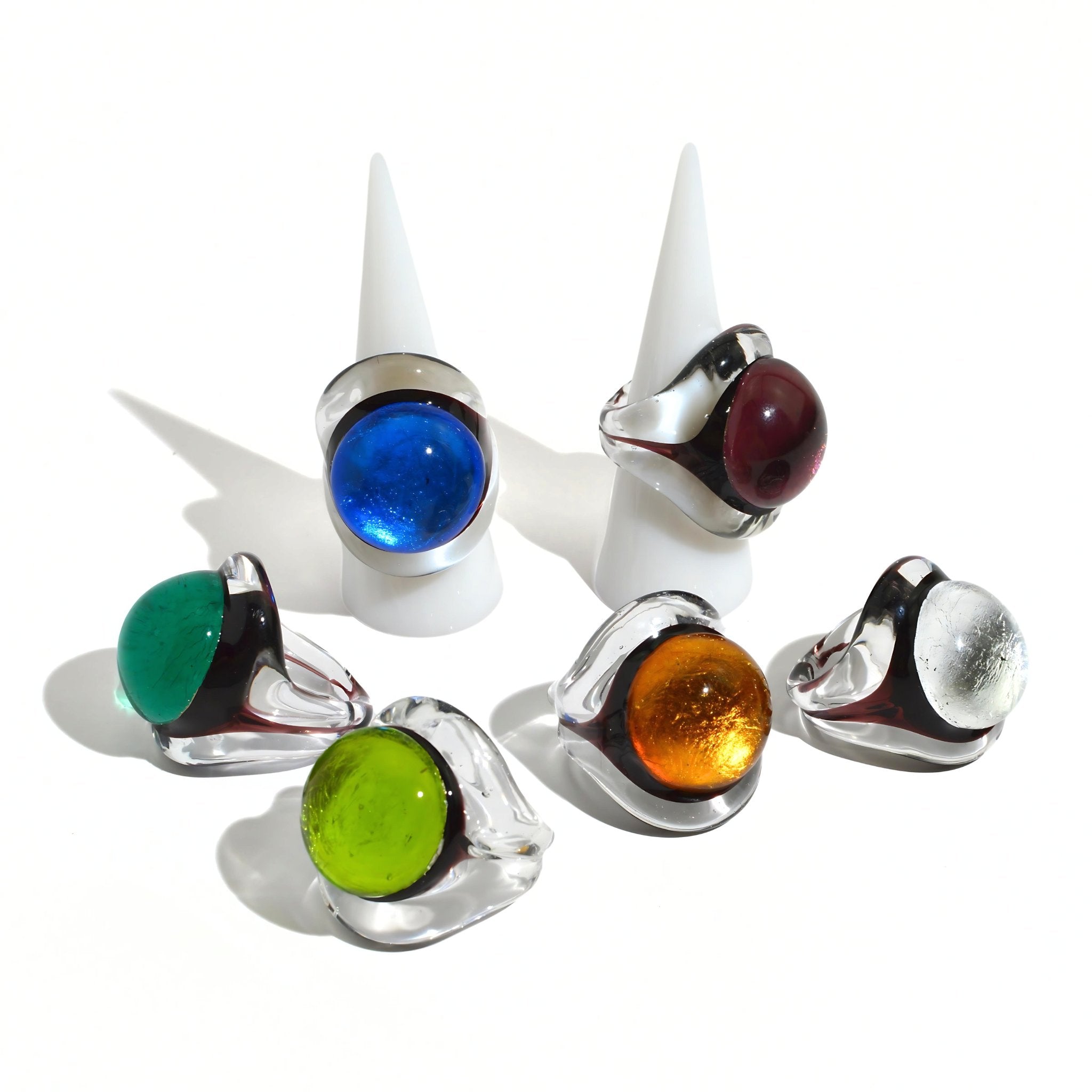 Murano Glass Occhio Statement Rings by MyItalianDecor, featuring colorful eye designs displayed on elegant rings.